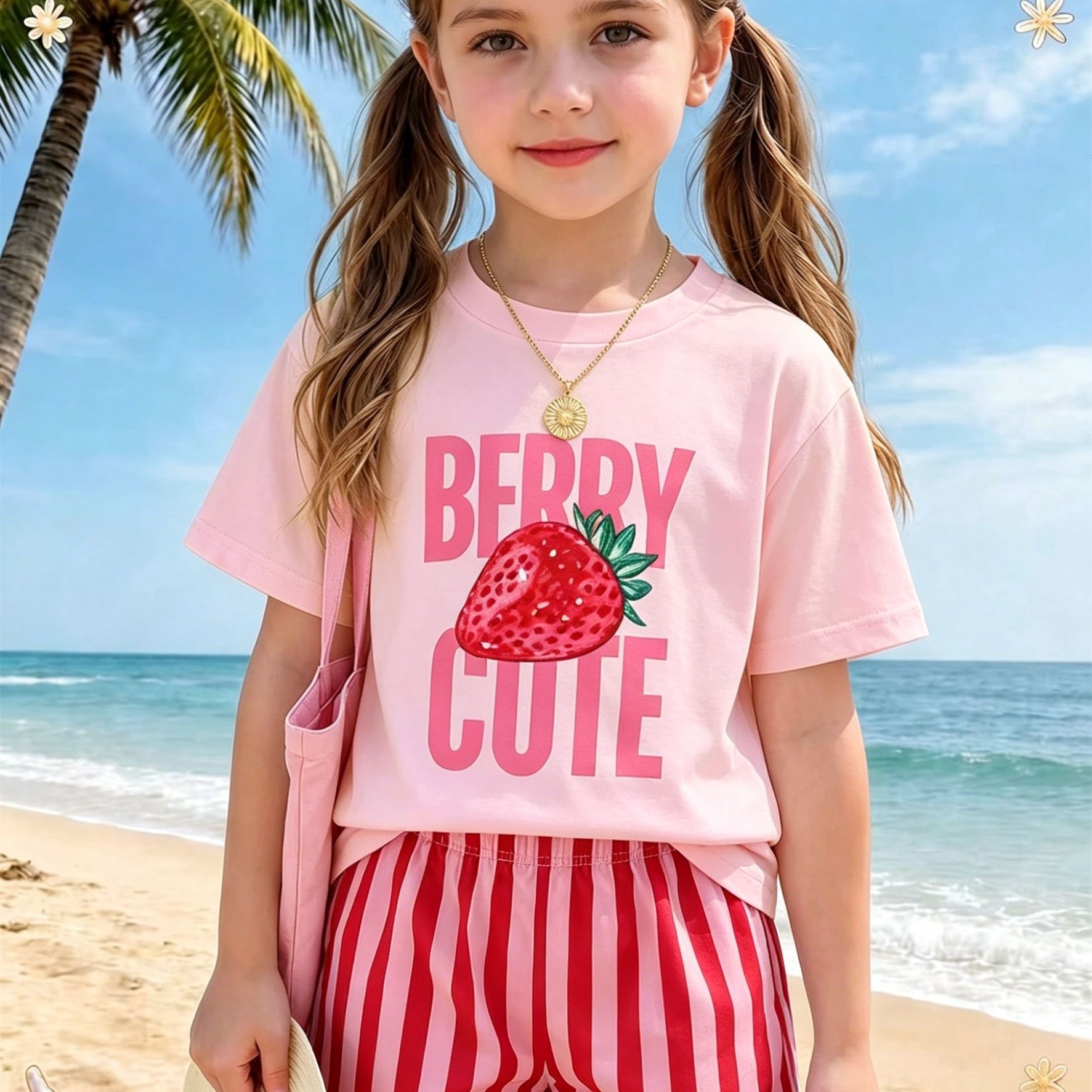 TEMU Summer Girls 2pcs Set 4-7y Fruit Print T-shirt And Stripe Shorts Casual Vacation Outdoor Outfit, For Outdoor
