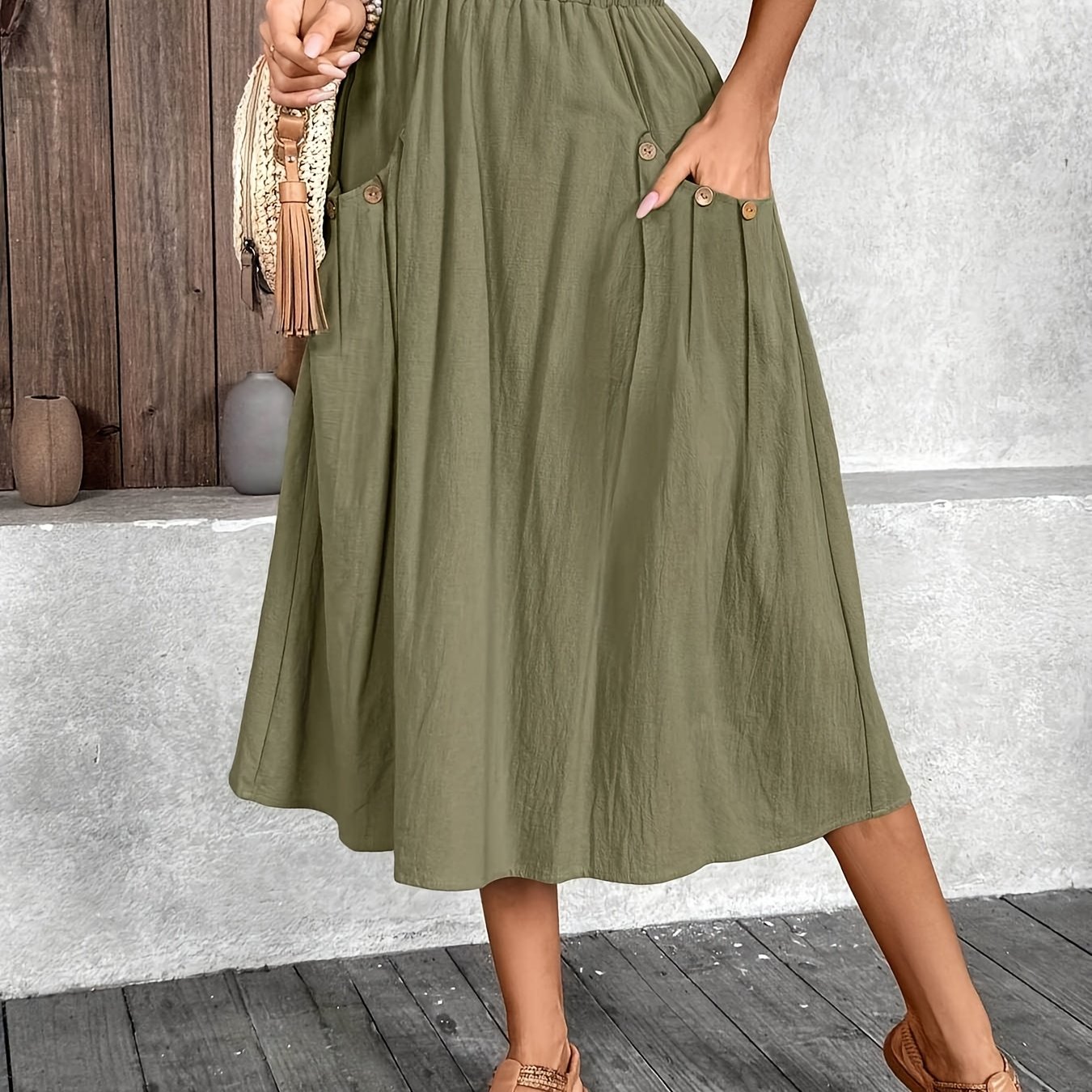 E-shop Sommer-Knopf Casual Midi-Rock, Uni-Farbe, mit Plissee-Saum
