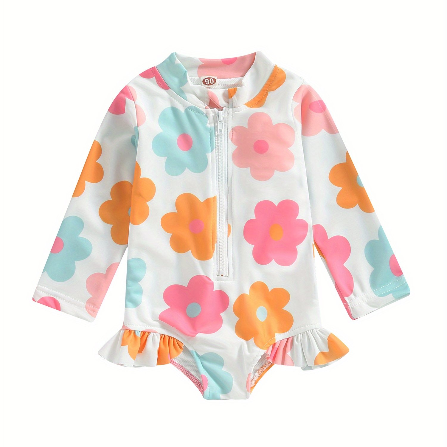 TEMU Children's Baby Girls' Swimwear Summer Floral Long-sleeved Zipper One-piece Swimsuit Beachwear Swimwear Summer Beach Essentials