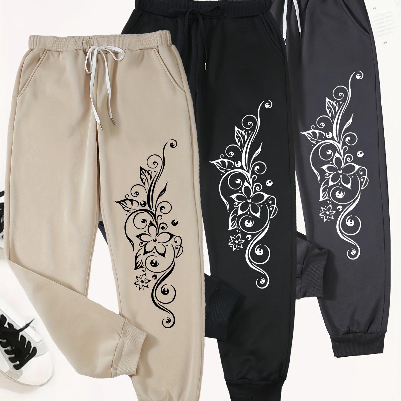 TEMU 3-pack Elastic Waist Cinching Workout Pants - Made Of 100%, Comfortable For , Slightly Stretchy, Fabric With Floral Print - Machine Washable,