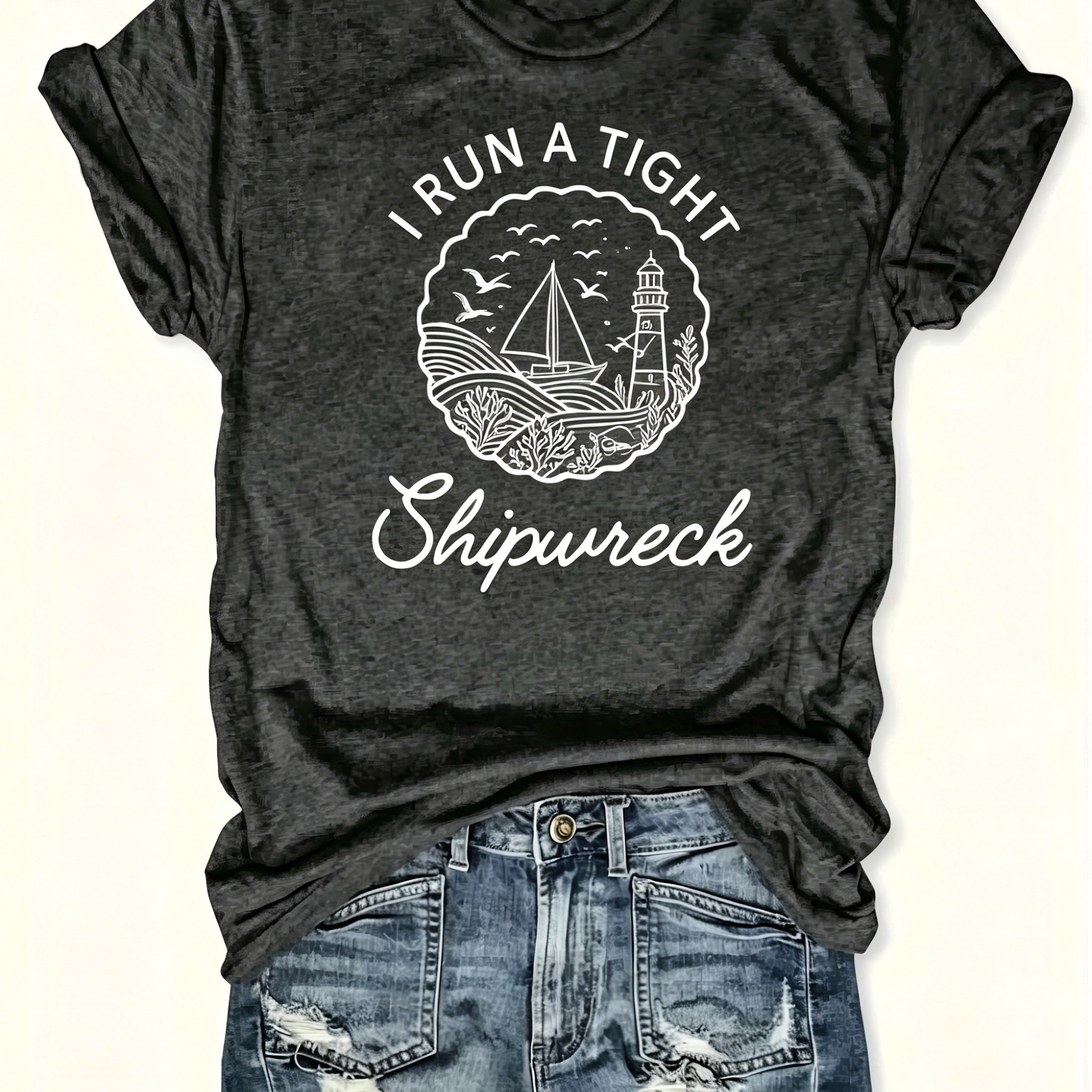 TEMU Women's Casual T-shirt With "i' Control Of A Shipwreck" Print - Short Sleeve, Round Neck, Black With White Print, Lightweight Fiber, Perfect For