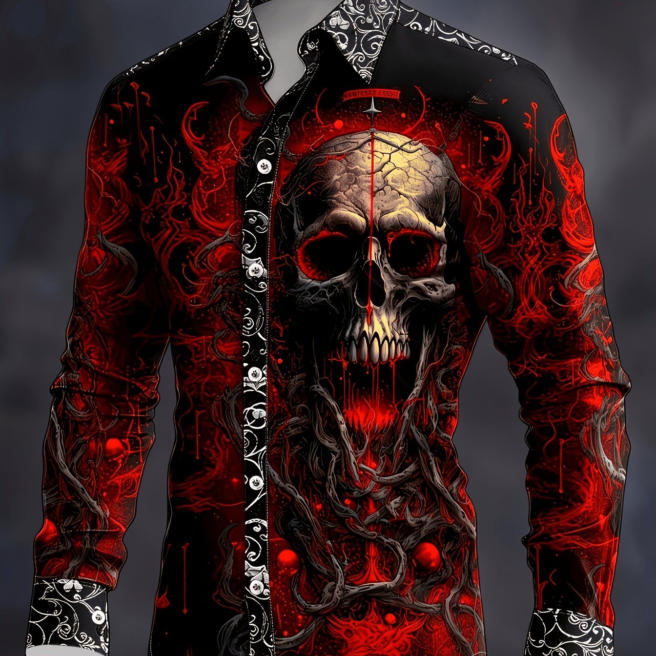 TEMU Halloween Men&;s Dark Gothic Style Long-sleeve Shirt With Skull And Vintage Scrollwork Decorative Pattern, Suitable For Rock Concerts, Themed