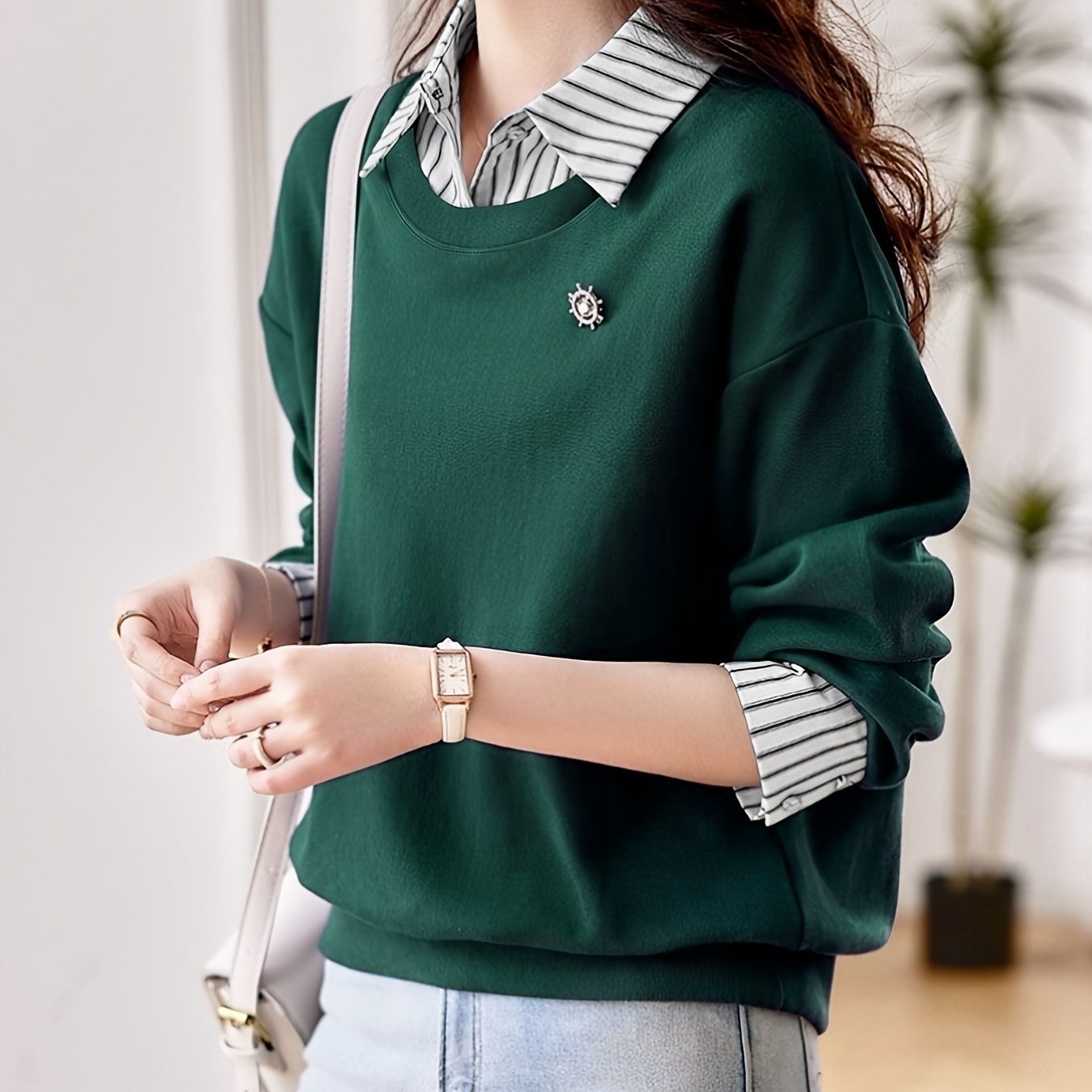 TEMU T-shirt polo à manches longues pour femme, automne-hiver, décontracté, confortable et tendance, avec col rayé et