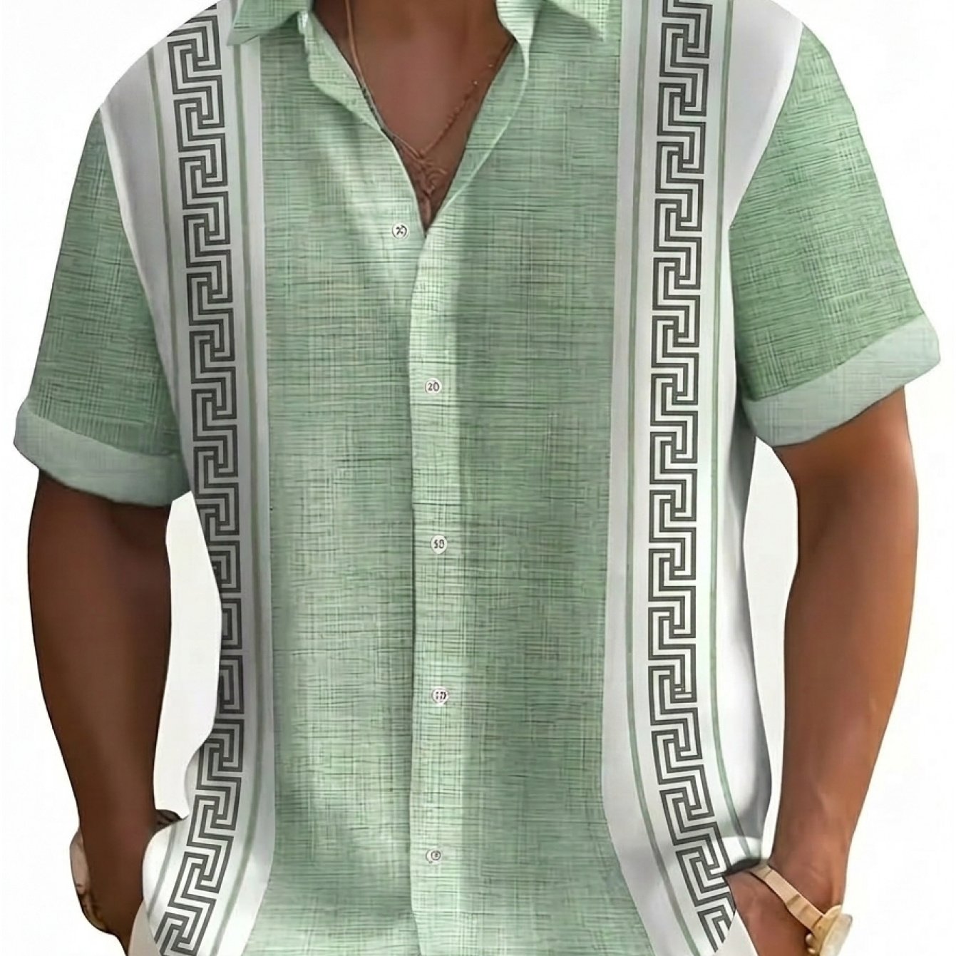 TEMU [print Design - Not Textured] Men' Linen Style Geometric Print Short Sleeve Shirt With Classic Meander Pattern Stripe, Soft, Anti-pilling &