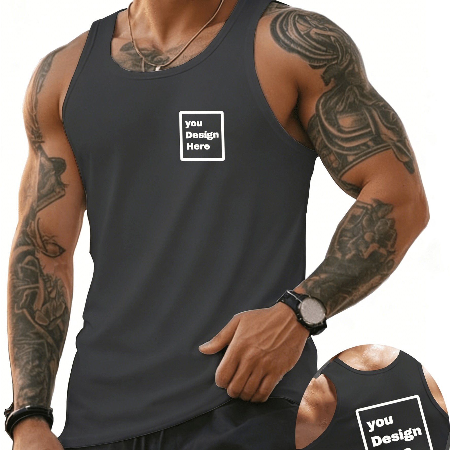TEMU Men's Customizable Sleeveless Tank Top - Personalized Design Area, Slim Shirt, Breathable Workout Shirt For Summer, Machine Washable Apparel,