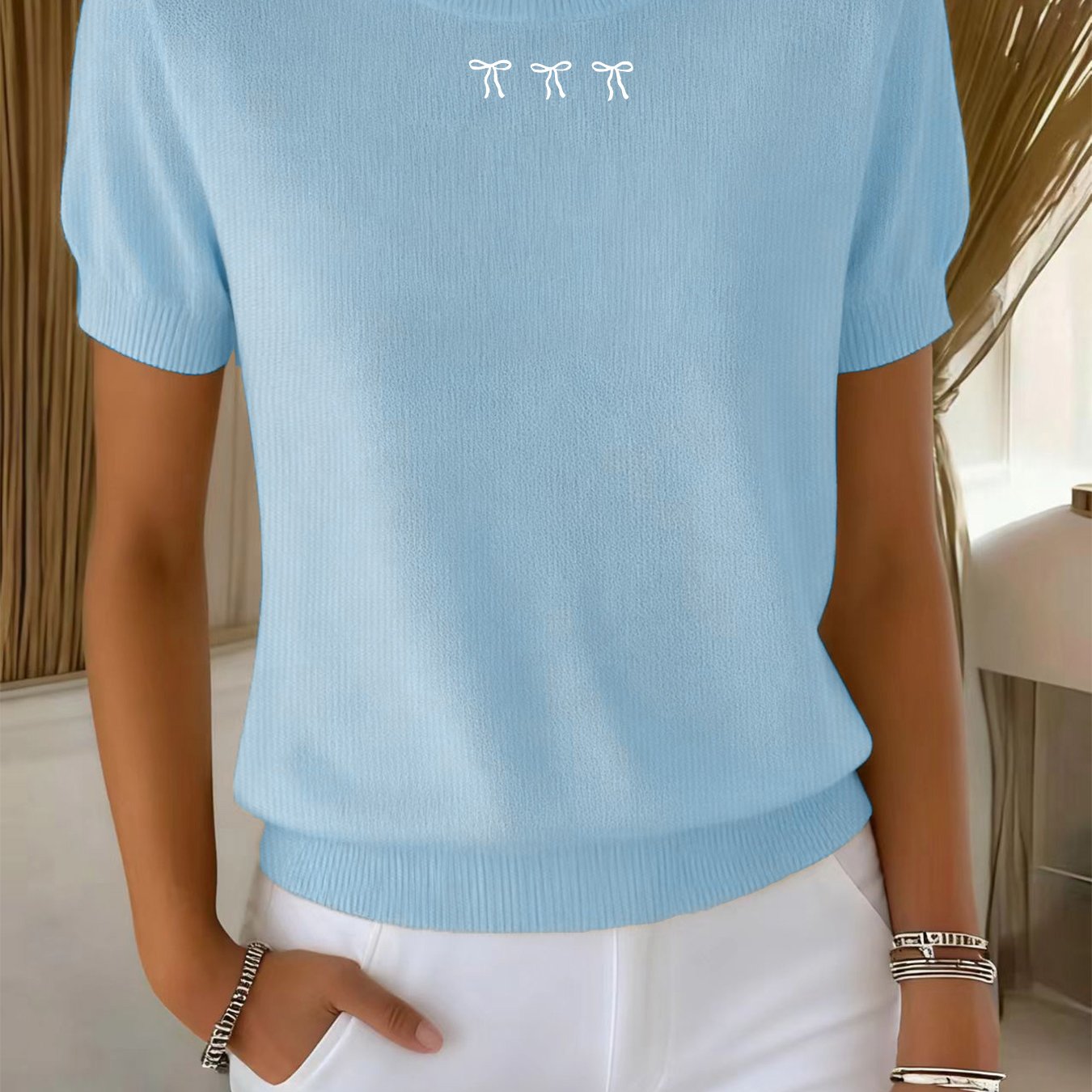 TEMU Women's Short Sleeve Sweater - Loose Neck Sweater Suitable For Spring/summer, Blouse-compatible Top, Machine Washable Loose Fit Blouse Style