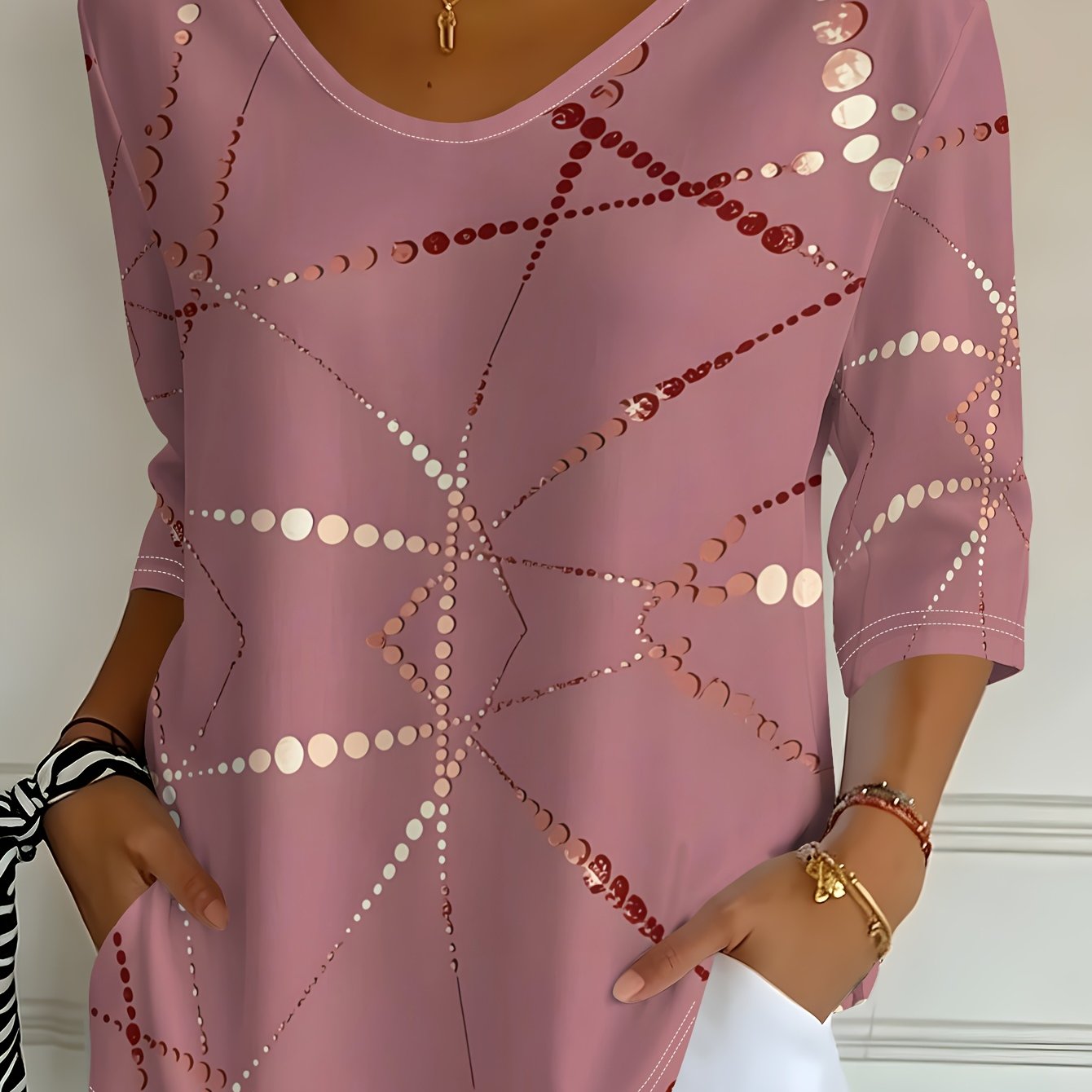 TEMU Women's Mung Bean Pink Beaded Dot Line Abstract Print V-neck Three-quarter Sleeve T-shirt, Spring/autumn Casual Top