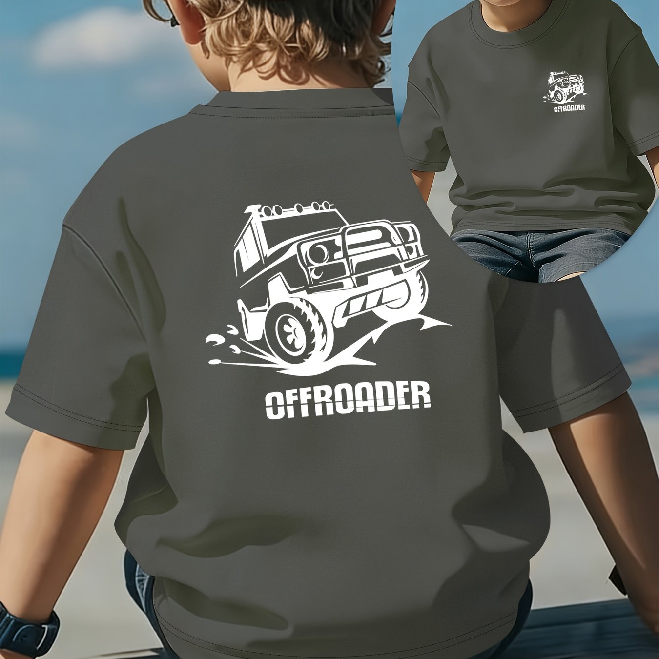 Image of Boys' Front And Back Printed Casual T-shirt, Off-road Vehicle Black And White Pattern, Stylish And Comfortable For Spring And Summer, Round Neck, Short Sleeves, For Boys' Daily Outdoor And