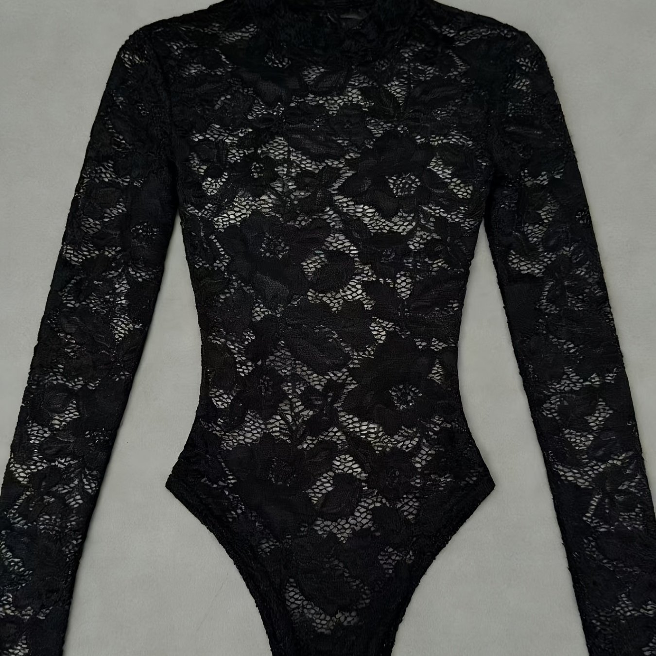 E-shop Damen Sexy Langarm Spitzen Body - Hoher Kragen, Langarm, Dehnbar, Unifarben, für Musikfestivals & Freizeitkleidung, Frühling/Sommer/Herbst