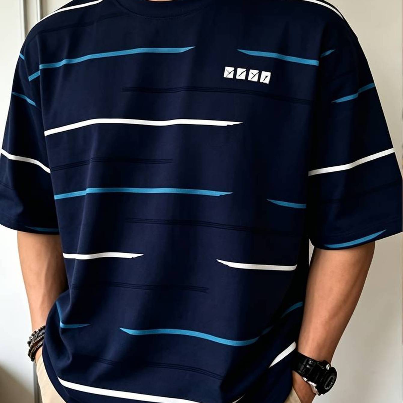 TEMU Navy Irregular Striped Easy Casual Loose Drop-shoulder Short Sleeve T-shirt