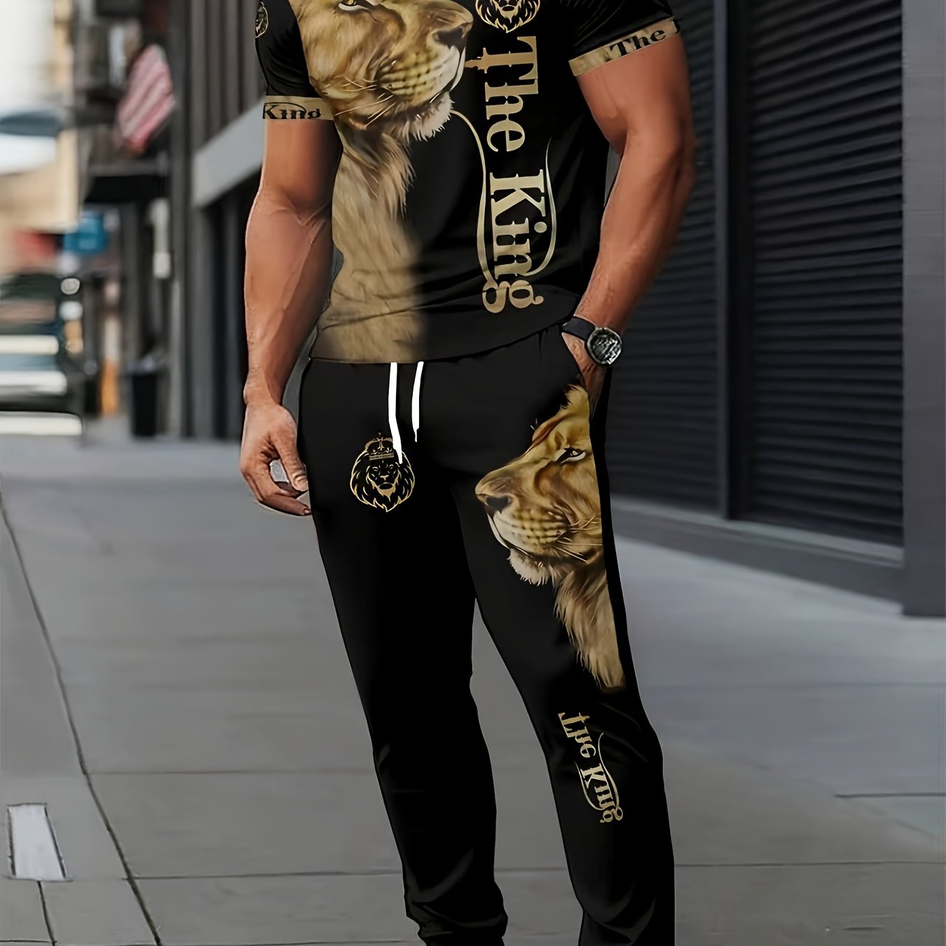 E-shop Herren-Polyester-Sportbekleidung | Elegantes Casual Rundhals-Shirt | Leicht dehnbarer Strick mit 3D-Druck | Regular Fit 2-teiliges Set |