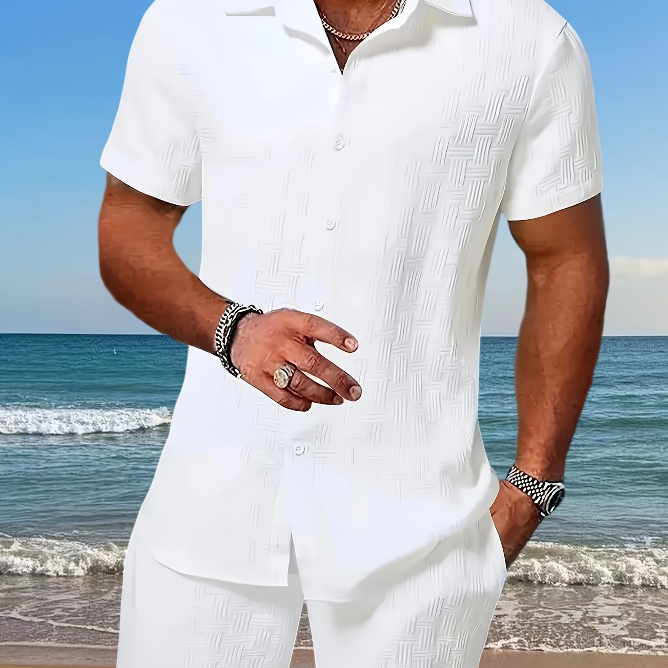 E-shop Ein neues, hochwertiges und modisches Sommer Herren Jacquard Streifenhemd und Shorts Lässiges Strand Set aus zwei Teilen