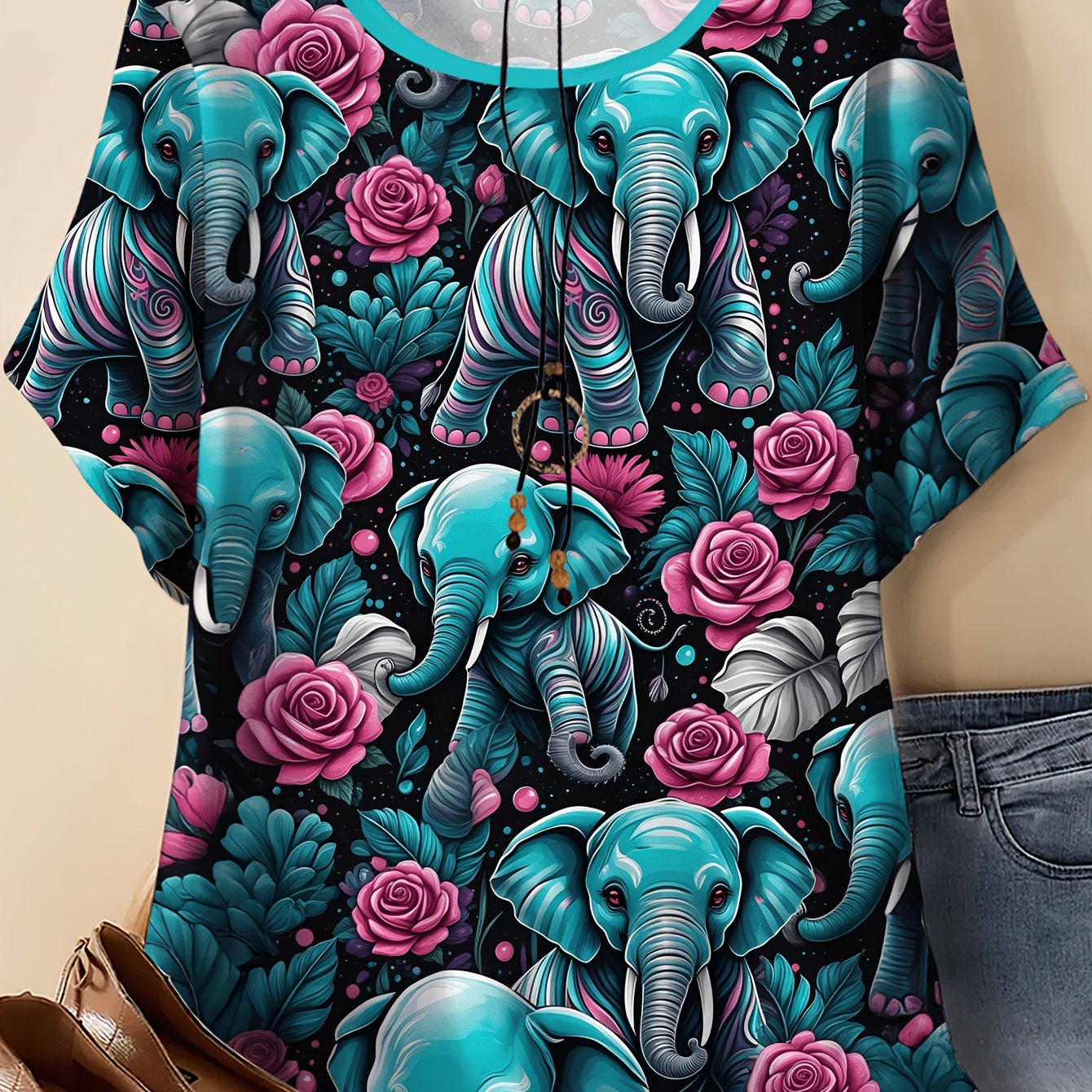 TEMU Plus Size - Women's Elegant Style Short Sleeve, Elephant Rose Print Round Neck, Suitable For Spring Summer, Vacation Casual Versatile Top