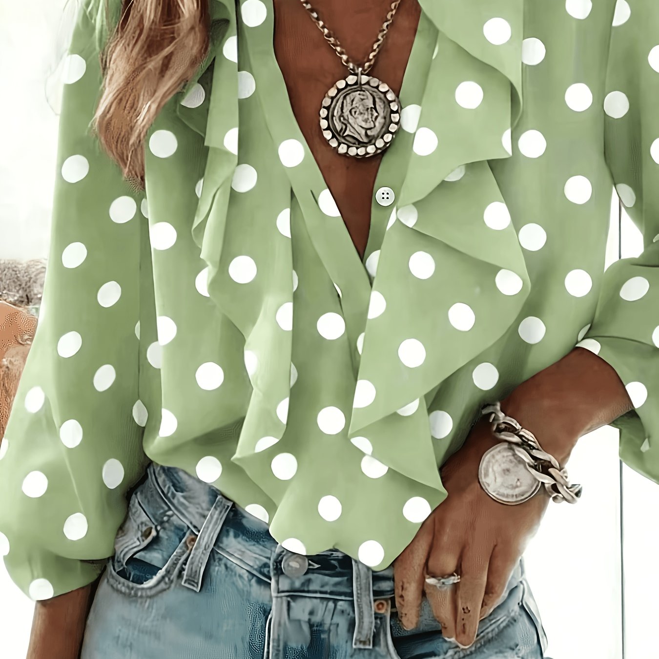 TEMU Spring Women's Romantic And Elegant Polka Dot Ruffle Chiffon Printed Blouse For Vacation