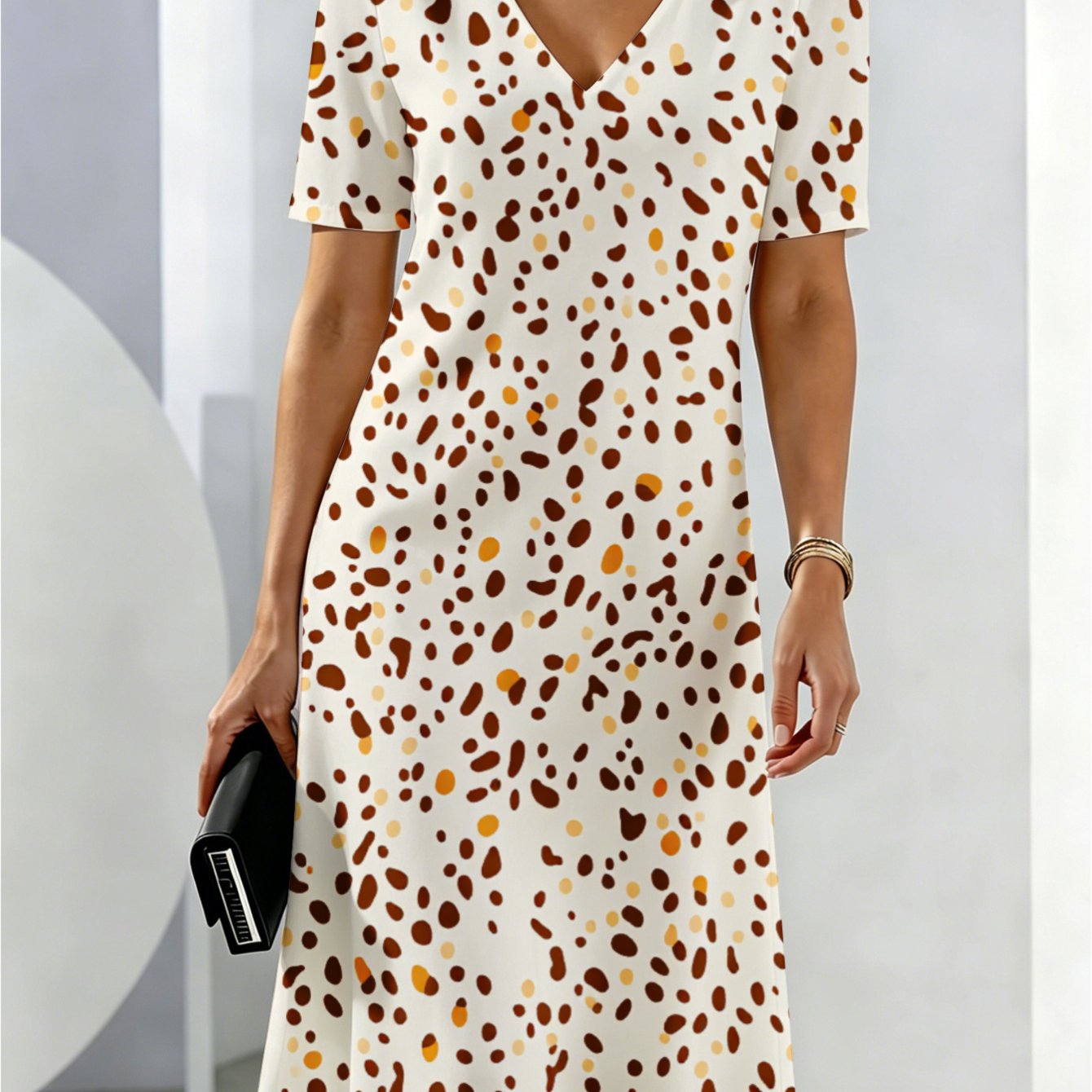 Women's Summer Dresses Brown Yellow White Spots Pattern Breathable And Comfortable Summer Wear Party Dress Deep V-neck Summer Dress