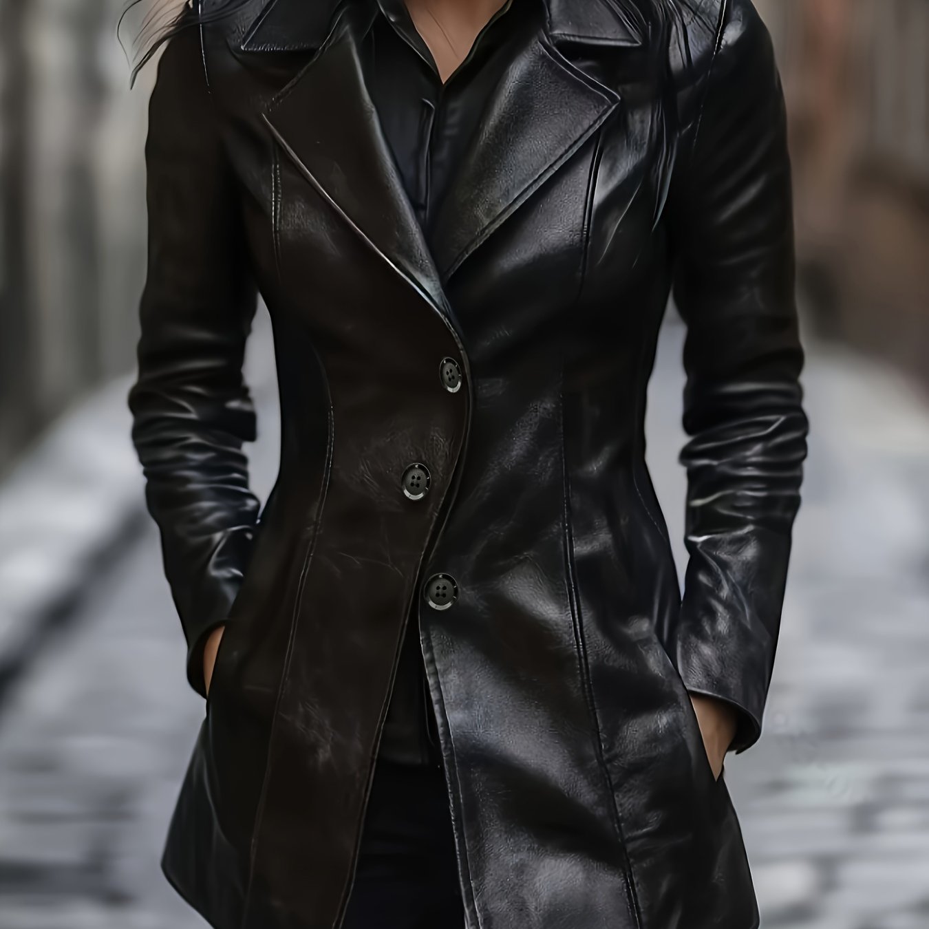 E-shop Damen Slim Fit PU Einfächeriger, mittellanger A-Linien-Rock mit Regenschirm-Design, eleganter Mantel mit Revers