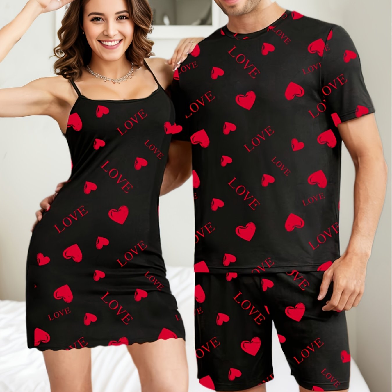 TEMU Men's Heart Letter Print Men's Short Sleeve Shorts Set
