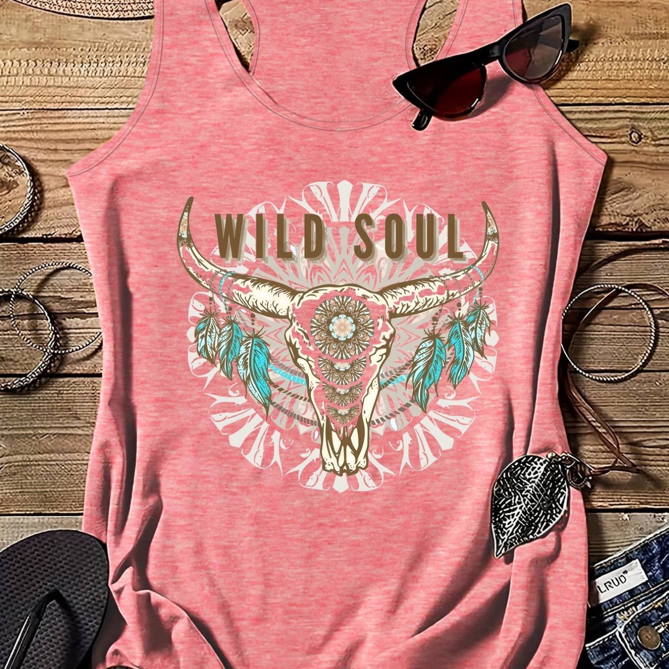 TEMU Camiseta sin de moda para mujer con cuello y estampado de calavera de vaca Wild Spirit PB-211