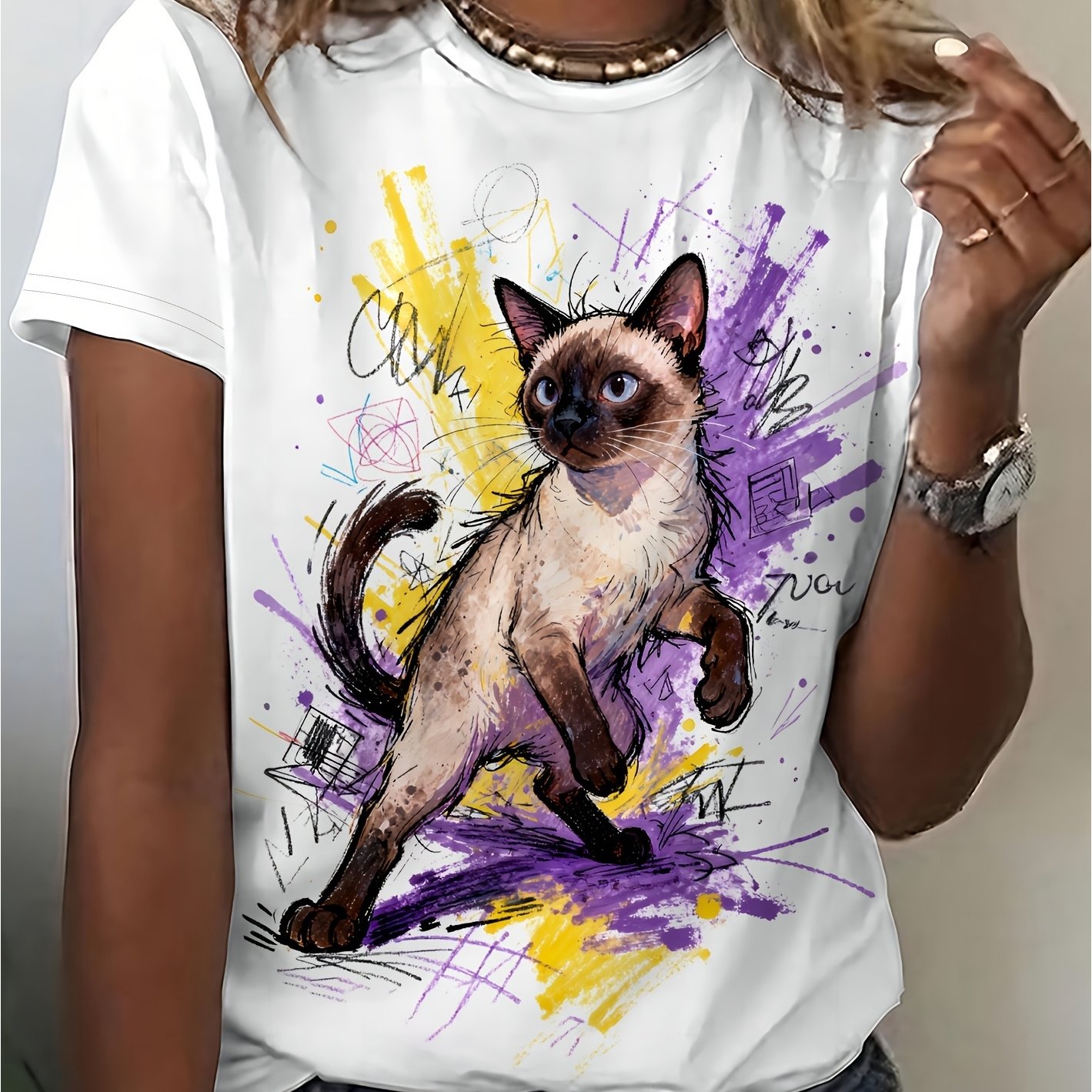 TEMU [printed Design - Not Textured] Women's Short-sleeve Printed T-shirt, Siamese Cat Illustration Print, Artistic For Daily Wear
