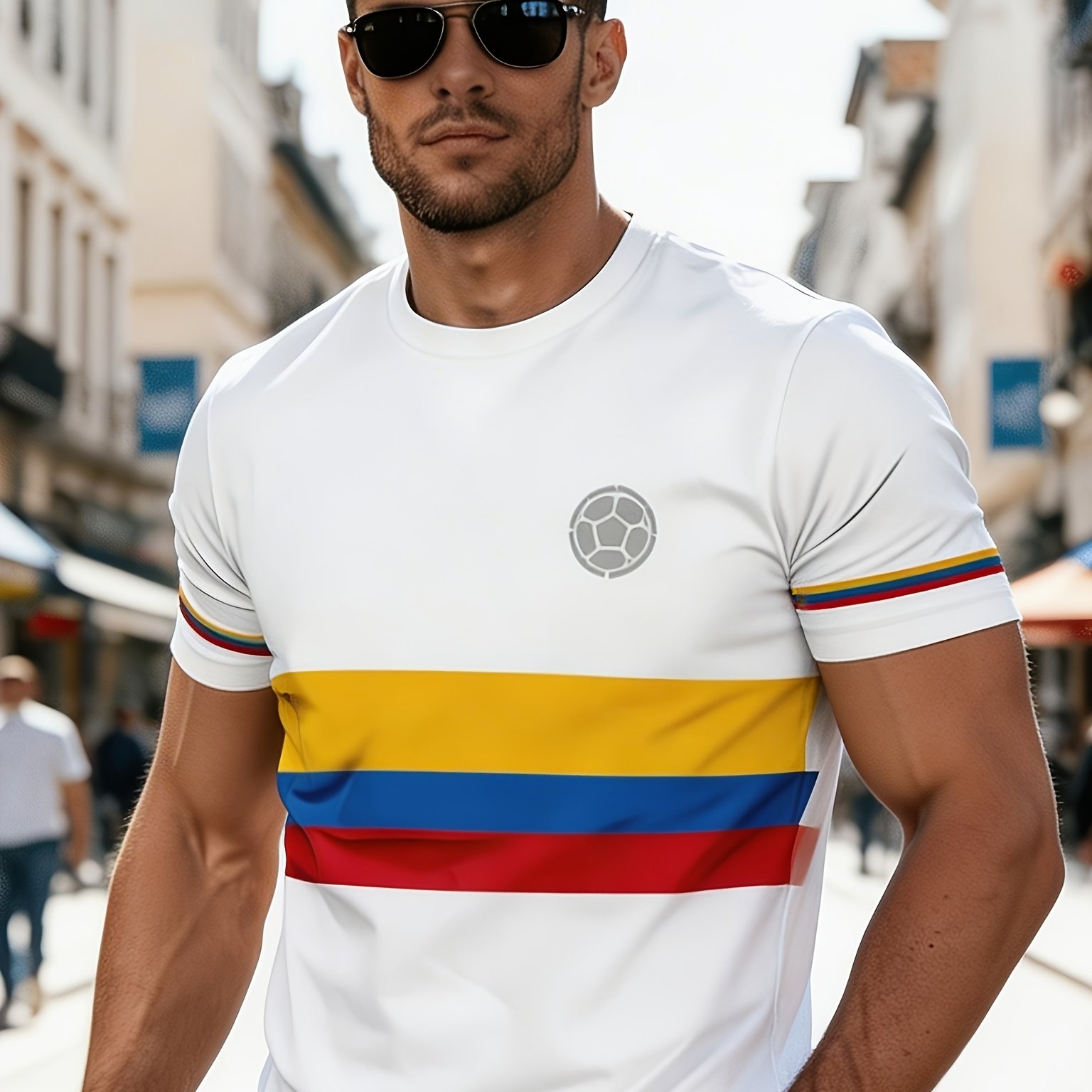 TEMU Camiseta casual transpirable para hombre con estampado digital, corte regular, cuello , jersey, ropa casual para exteriores con estilo moderno,