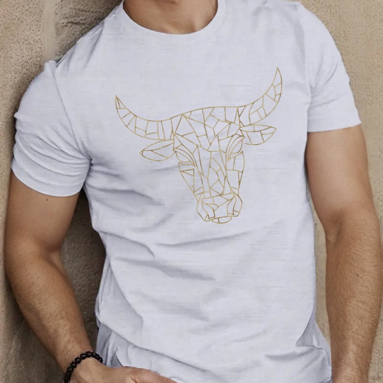 TEMU Geometric Mosaic Bull S Head Men's Short Sleeve T-shirt Summer T-shirt Top