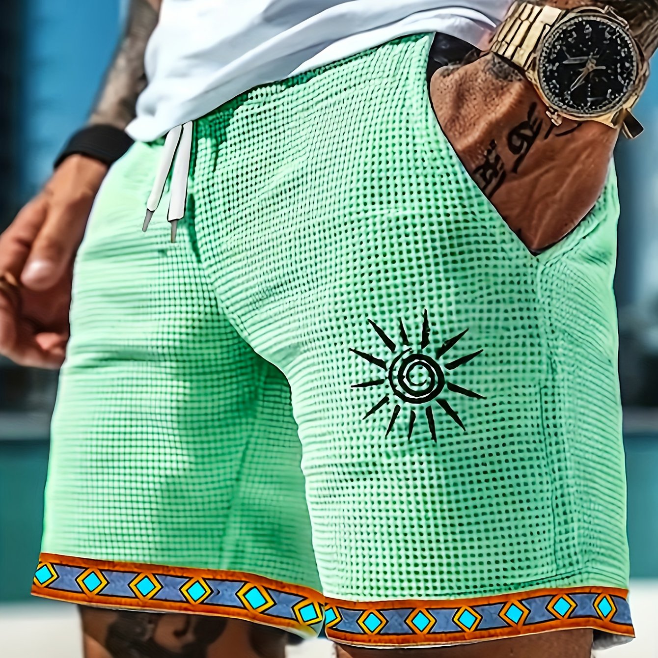 Men's Stylish Casual Shorts Featuring Colorful Geometric Patterns And Sun Prints, Perfect For Vacations And Everyday Relaxation