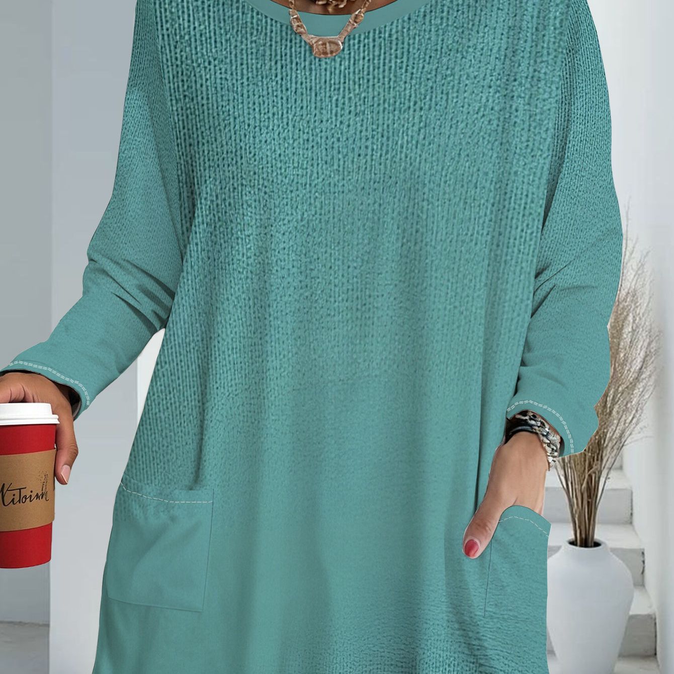 TEMU Women's Plus Size Casual Sporty Loose Long Sleeve Top With Pockets, Women's Casual Pullover, Plus Size, Dark Teal, Fashionable And Versatile