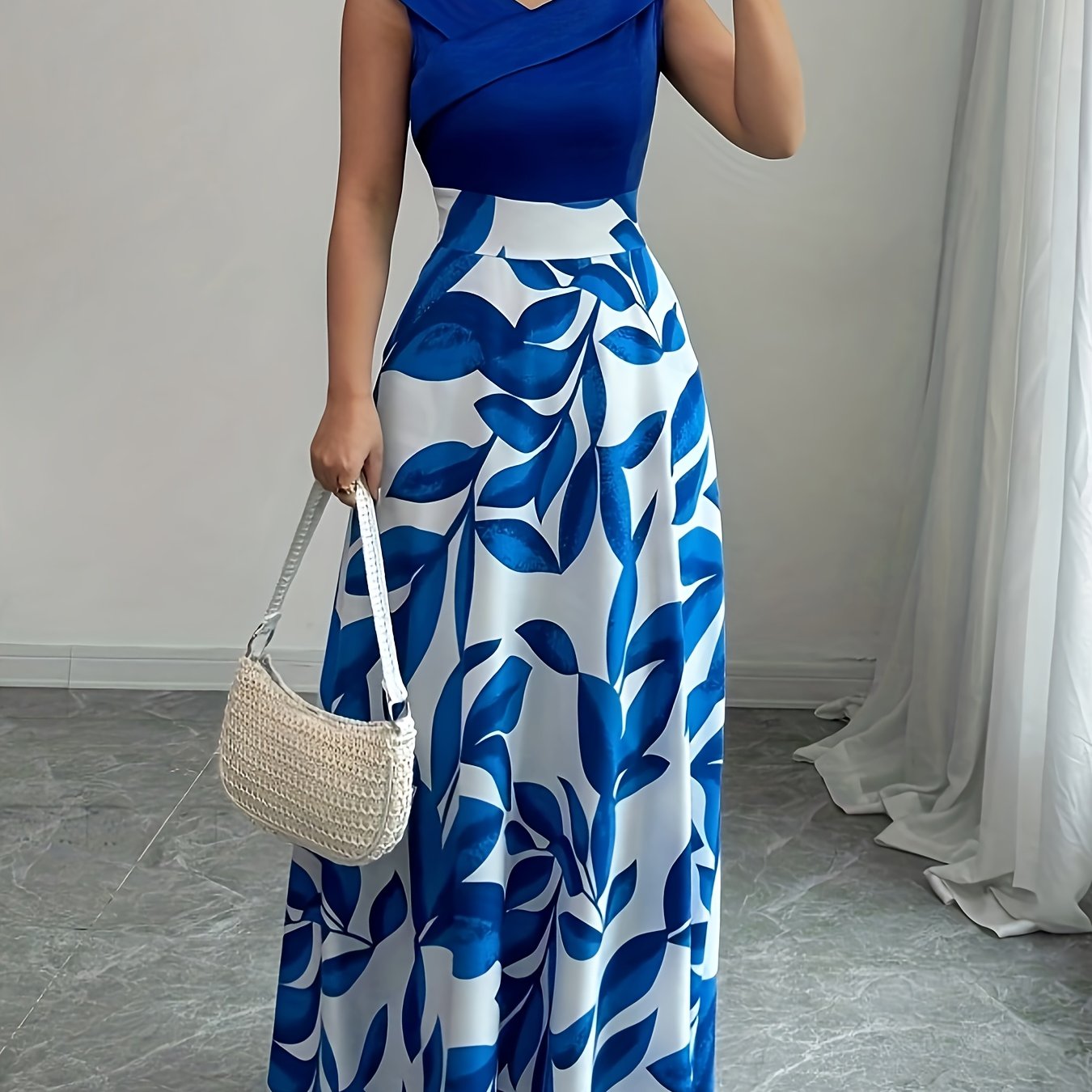 TEMU Elegante vestido maxi línea A con estampado floral y escote en bolsillos, de hojas, cortas, cintura ceñida y falda , para verano, adecuado para