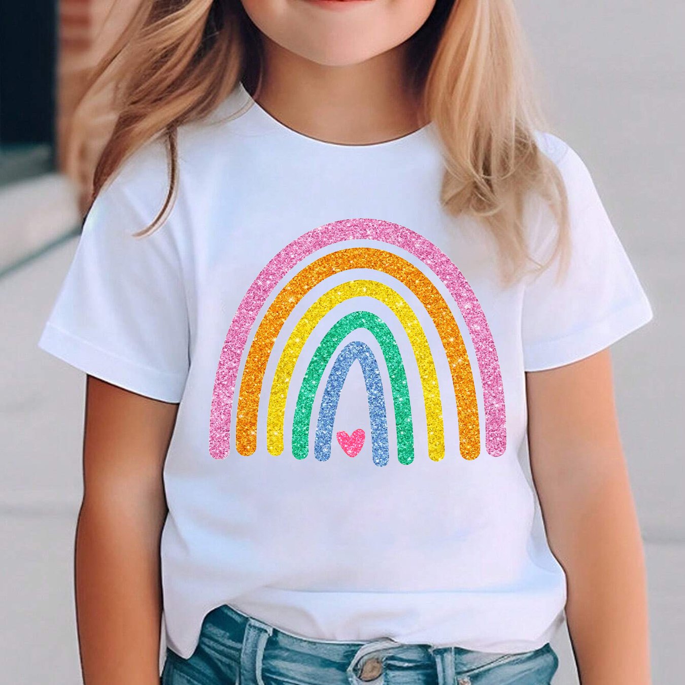 Image of Summer Fashion Girls' Short-sleeve T-shirt, Heart Series Element Print, Casual And Versatile Top, Ny-dx5490