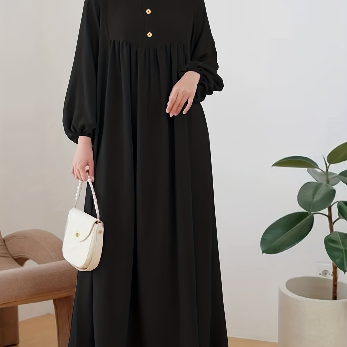 E-shop 2025 Neues schwarzes Damenmode-Freizeit-Puffärmel-Easy-Loose-Einfarbiges Langarm-Maxikleid ohne Kopftuch