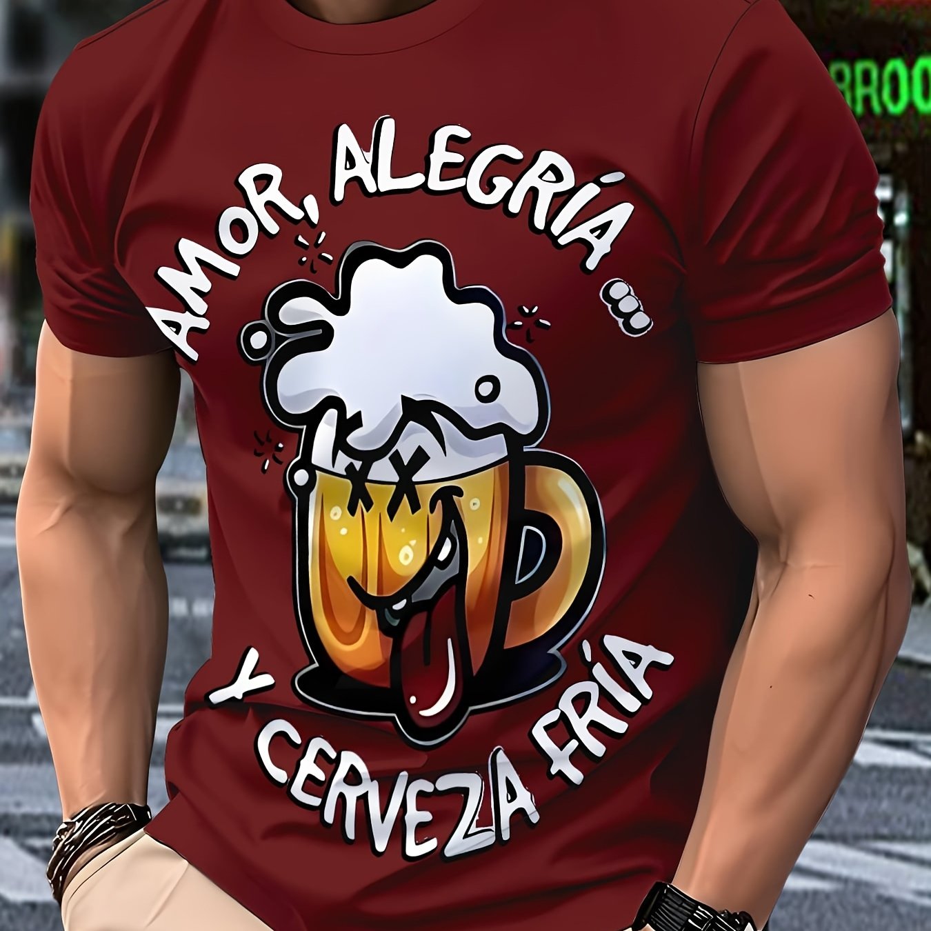 TEMU Camiseta casual de manga corta para hombre - Lavable a máquina, corte regular con una estampilla gráfica de cerveza española, top elástico