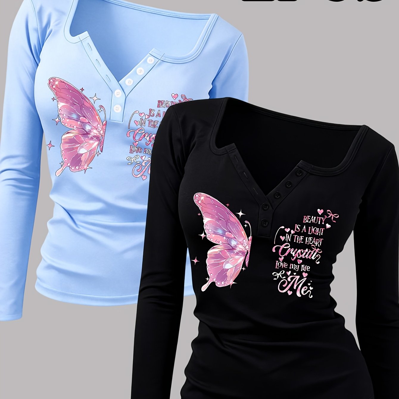TEMU 2pcs Pack Print Pattern Women's Clothing Button Hot Sexy Round Neck Design Women's Long Sleeve T-shirt, Suitable For Spring Summer Autumn Winter