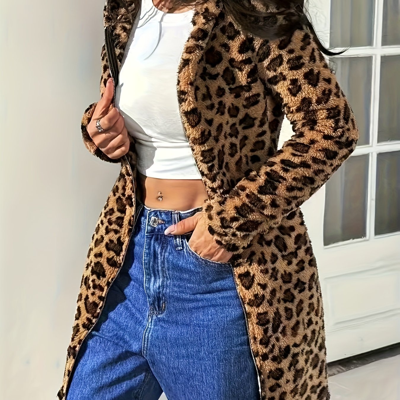 TEMU Printed Double-sided Plush Zip-up Hooded Cardigan, Casual Women's Long Plush Outerwear For Autumn/winter