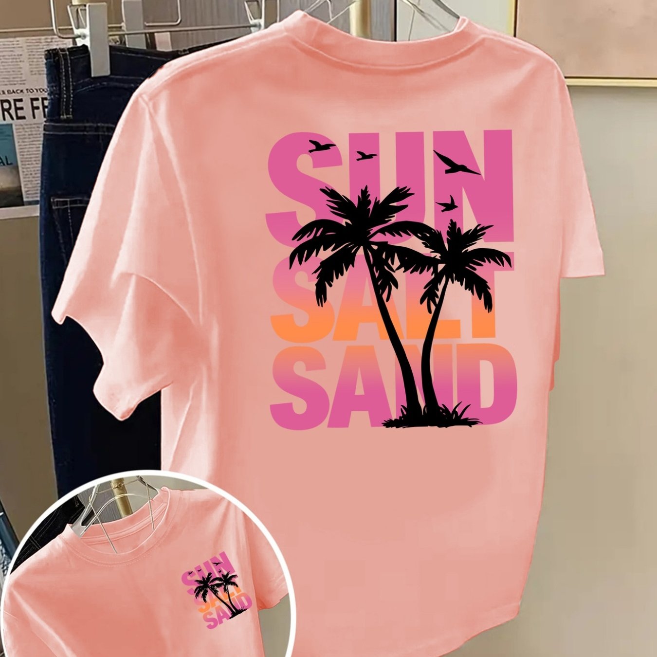 TEMU T-shirt à manches courtes pour femmes, col rond, imprimé palmier style tropical sur l' et l'arrière, décontracté et confortable, et respirant,