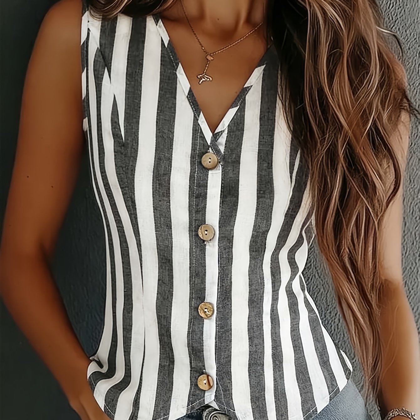 E-shop Modische elegante gestreifte Weste mit V-Ausschnitt einreihiger Knopfleiste, amerikanischer Vintage-Stil, ärmellose Weste, vielseitig für den