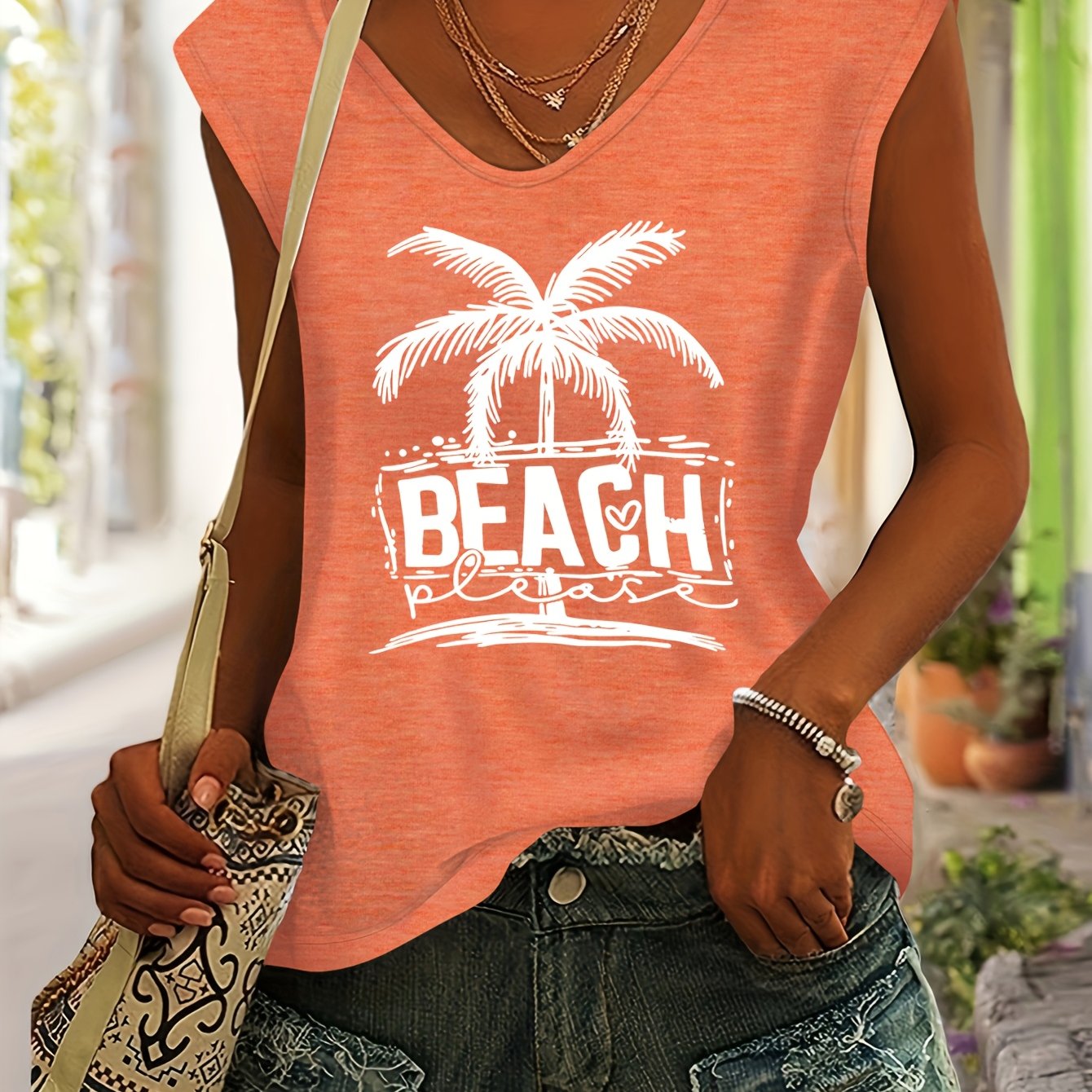 TEMU Women' Spring/summer Top With Palm Tree Pattern, Daily Simple Casual Comfortable Colored V-neck Raglan Sleeves T-shirt
