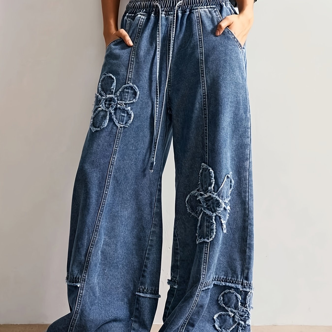 TEMU Floral Patch Elastic High-waisted Loose Jeans