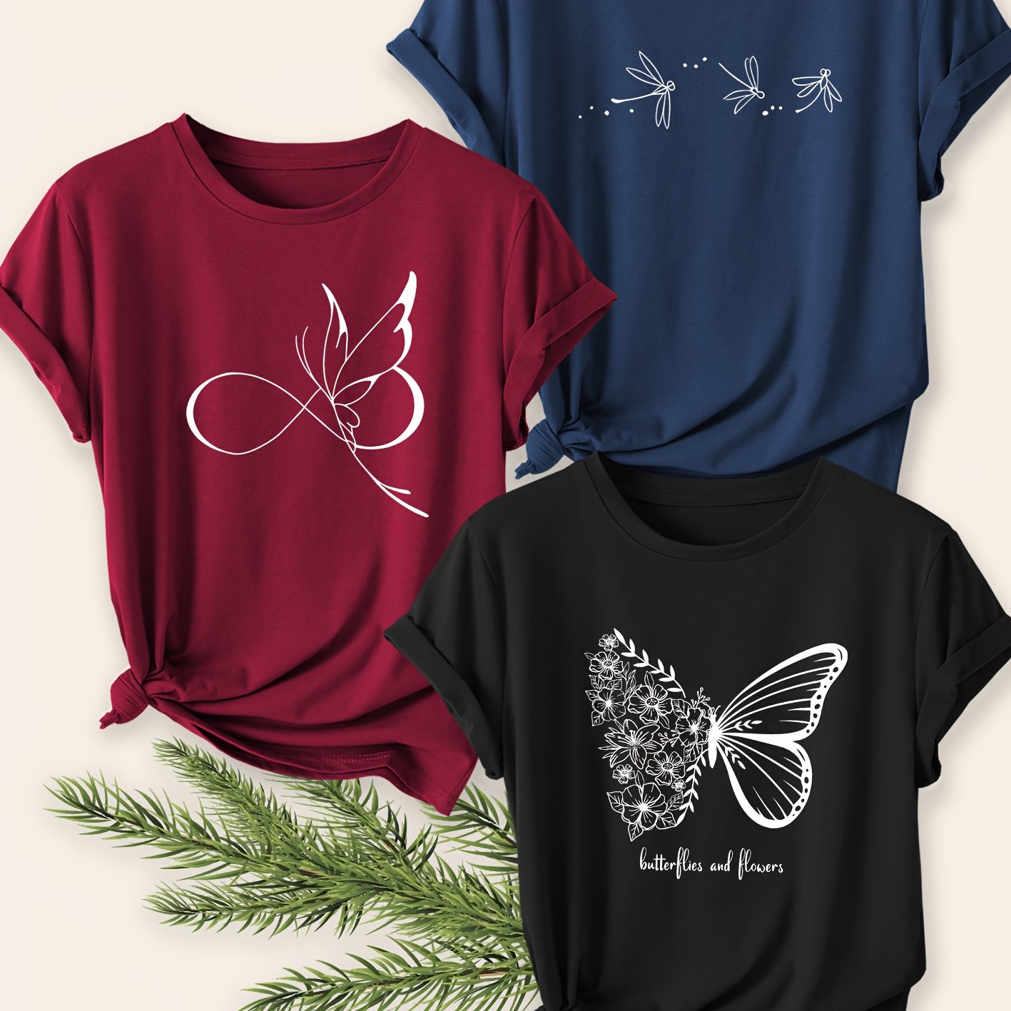 TEMU Women's Round-neck 3pcs Set, Featuring Short-sleeve T-shirts With Dragonfly, Flower, And Letter Prints. Machine Washable, Shirts, Breathable