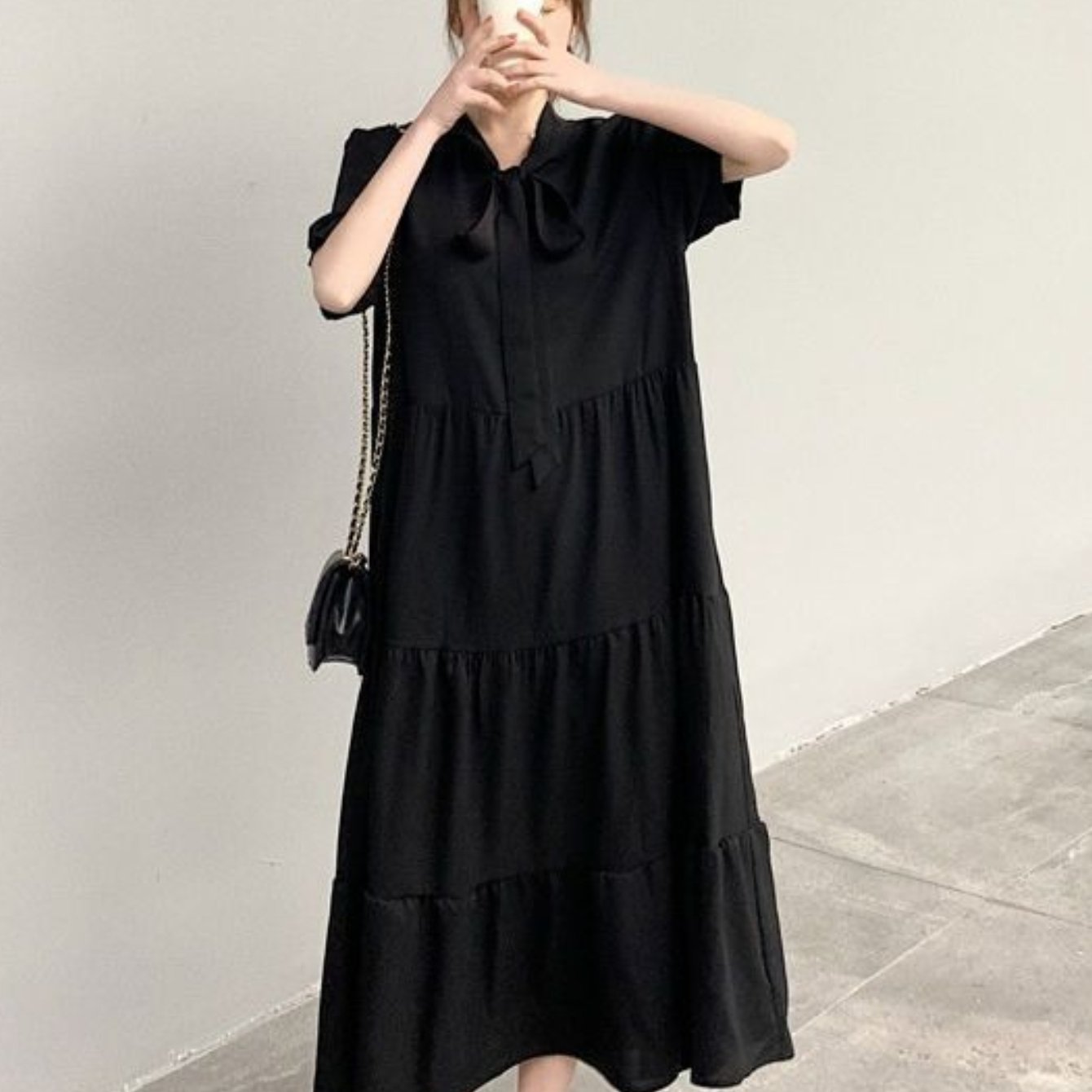TEMU プラスサイズ 夏 リボン付き フレンチドレス 韓国風 ゆったり 無地 薄手 膝丈ロングスカート