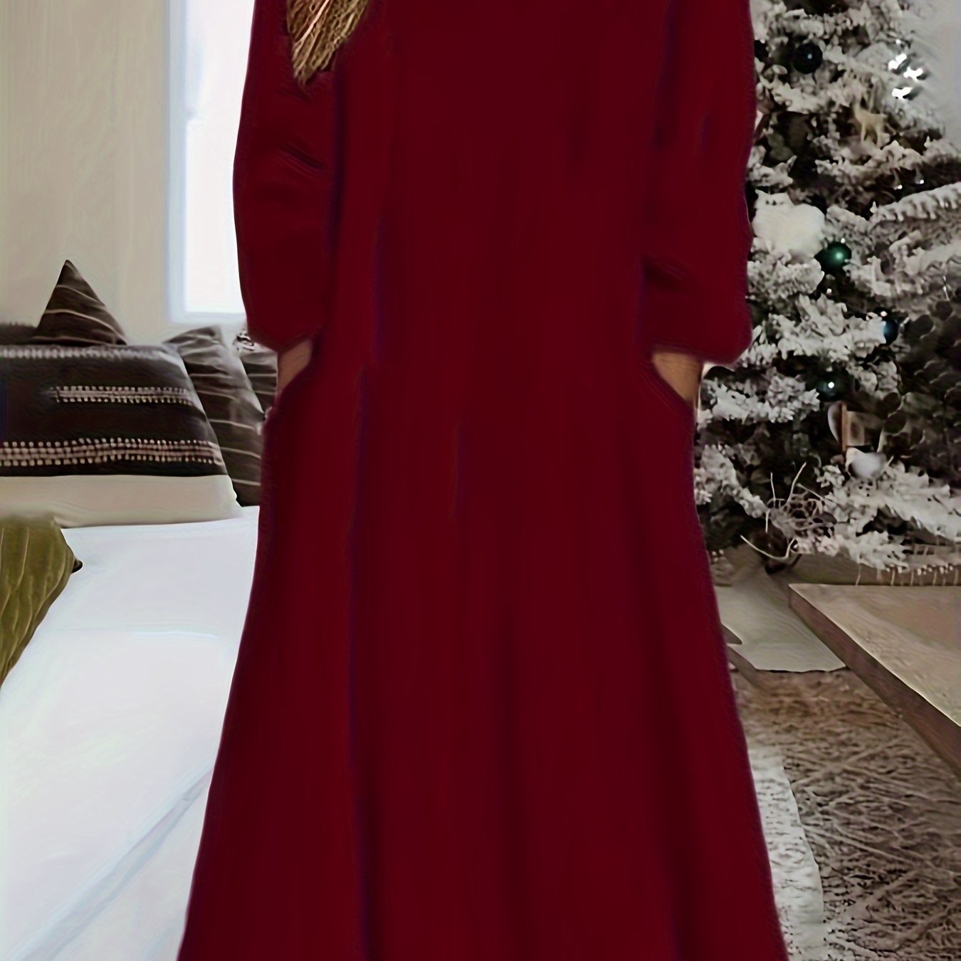TEMU Women's Long Sleeve Round Neck Casual Loose Warm Hooded Fleece Sweater Midi Dress
