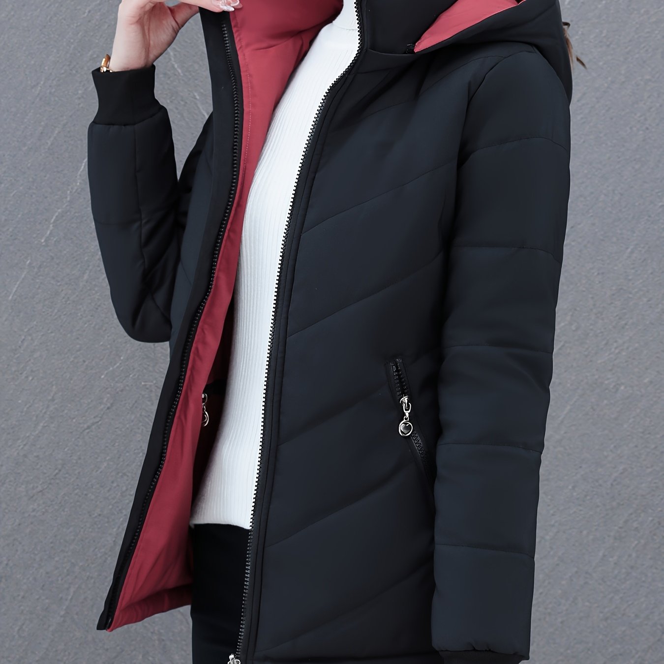 E-shop Wendbare Damenjacke, neue, verdickte Winterjacke für Wärme und stilvolle Oberbekleidung, mit Reißverschlusstaschen, geeignet für lässige