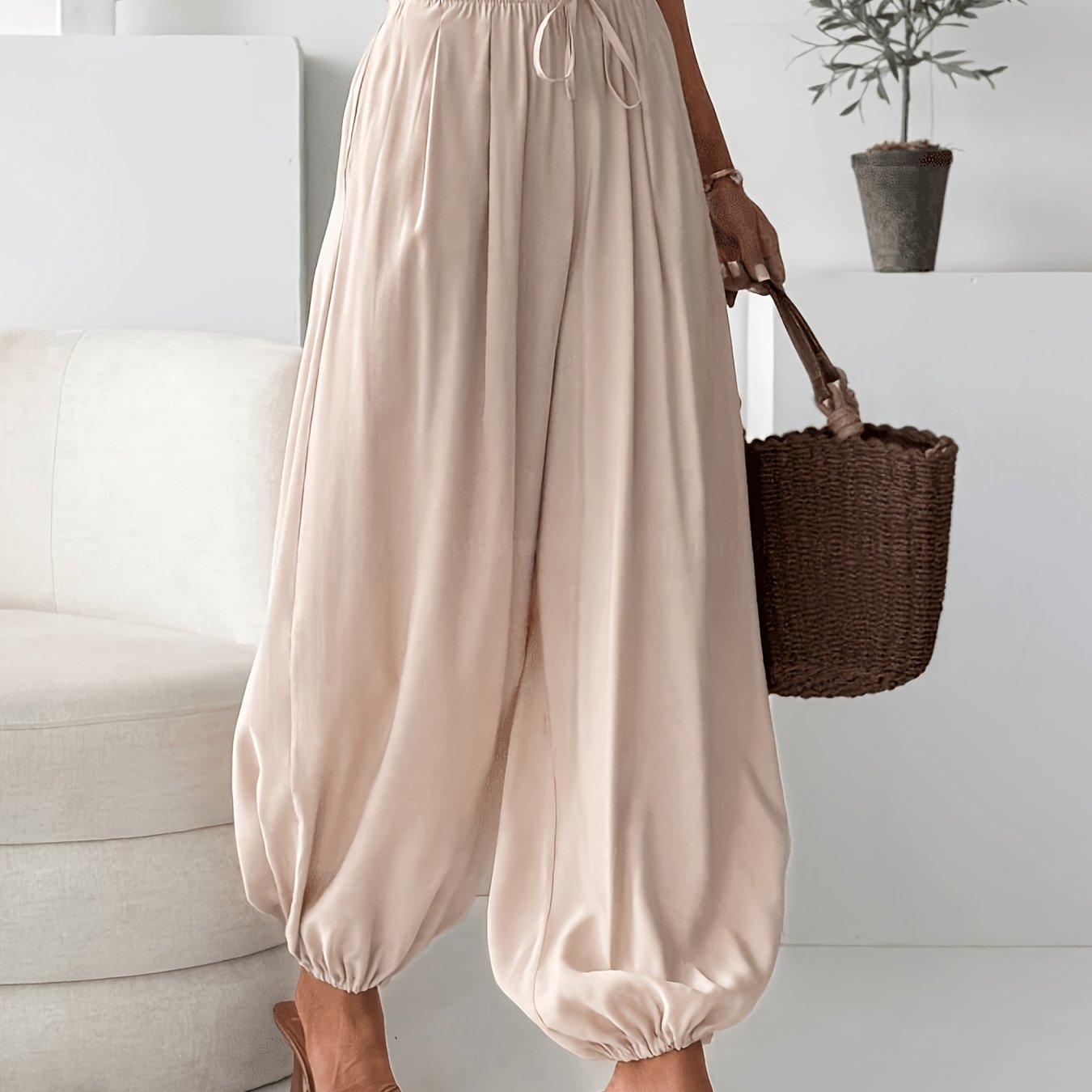 TEMU Women's Vacation Casual Harem Pants, High-waist Drawstring Loose Balloon Trousers, Soft Lightweight Wear Long Pants