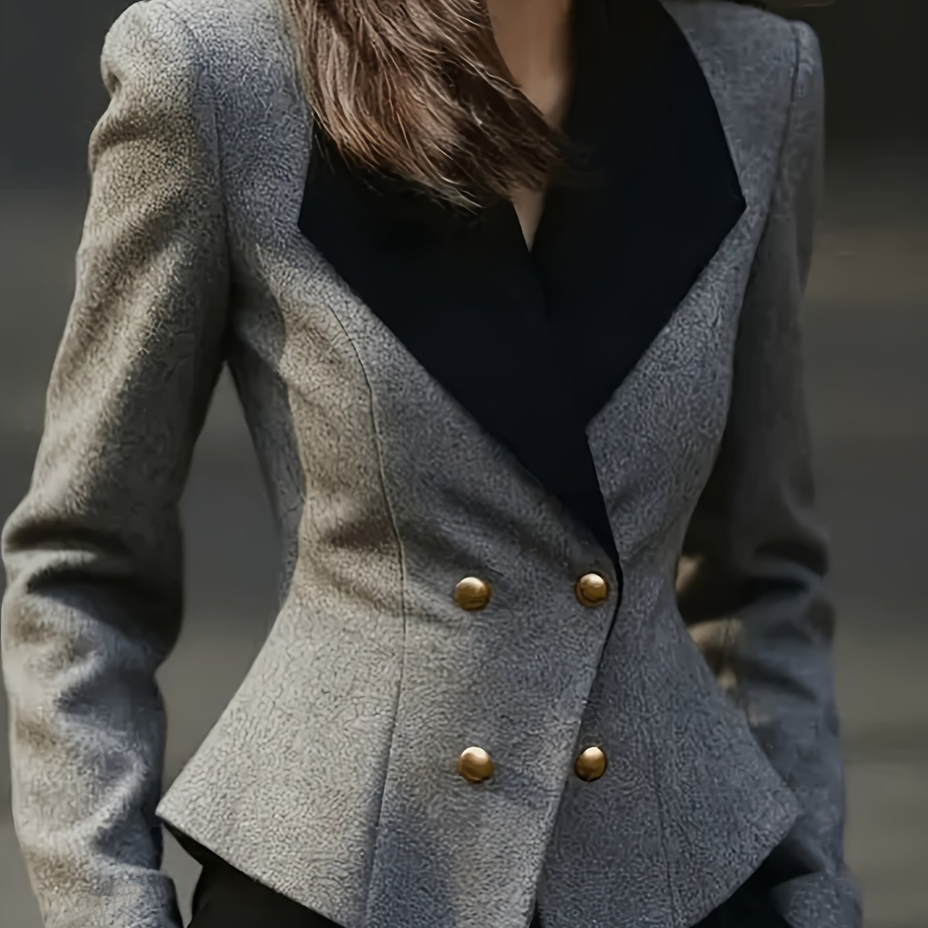 TEMU Women's Autumn/winter High-end Contrast Color Lapel Short Blazer With Waist-cinching Fit, Double-breasted Golden Buttons, For Commuting And