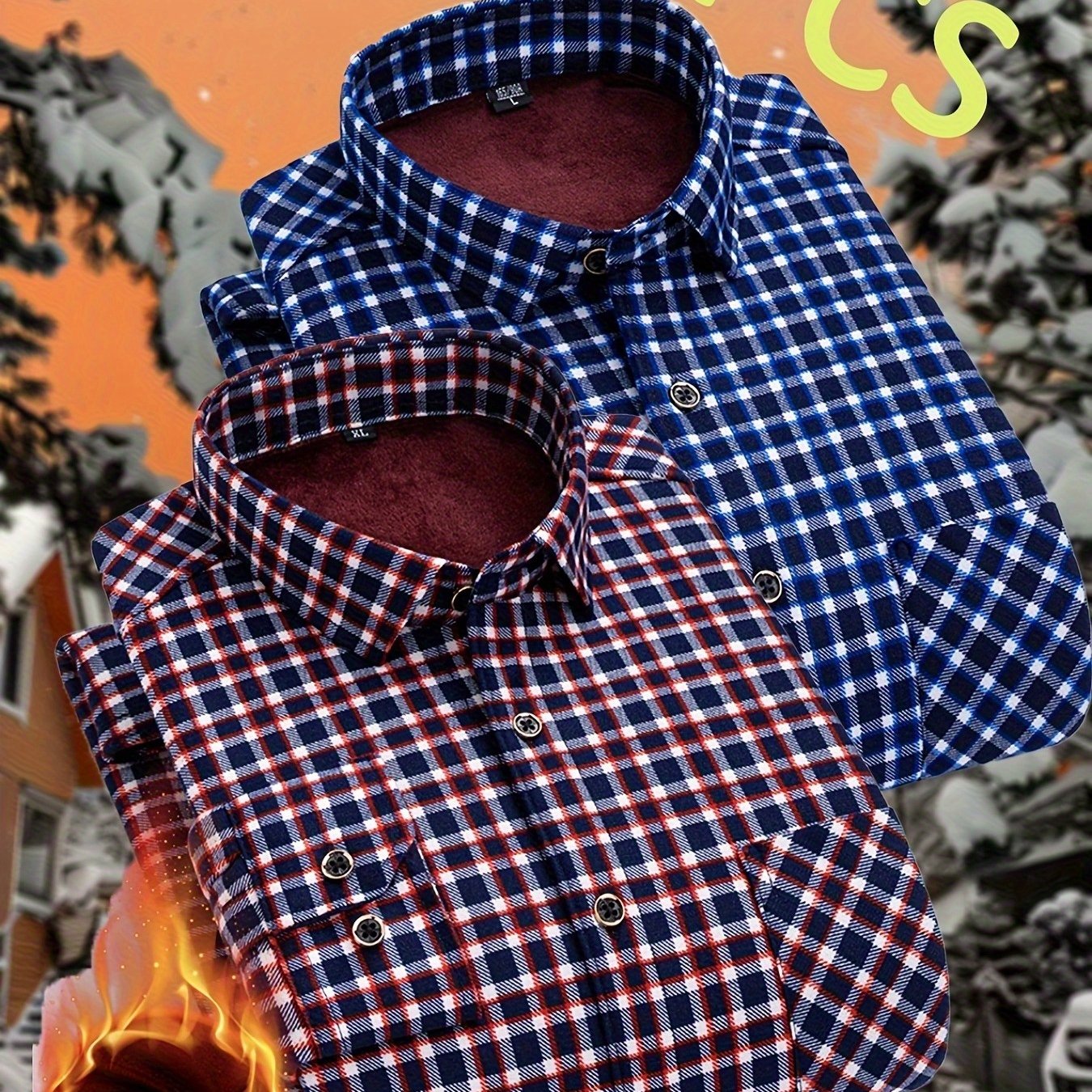 TEMU [1 1]double-sided Fleece Men's Fleece-lined Long-sleeve Shirts, 2pcs Set. Classic Design, Fleece-lined And Thickened, Very Warm