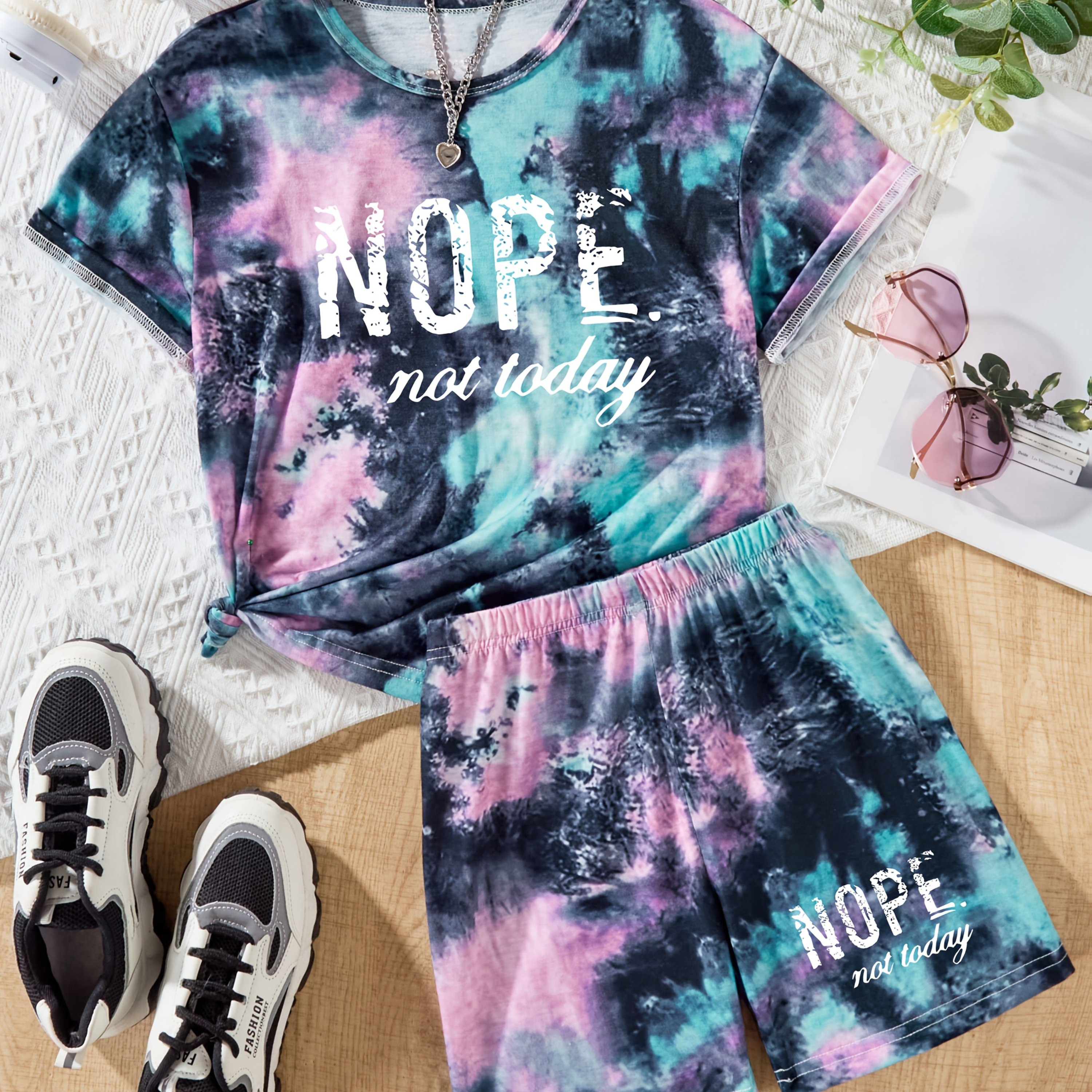 TEMU P9296(g1) 2pcs Nope Tie-dye Girls' Fashion Short-sleeve Round Neck Top And Shorts Set For Casual Outdoor Wear, For Outdoor
