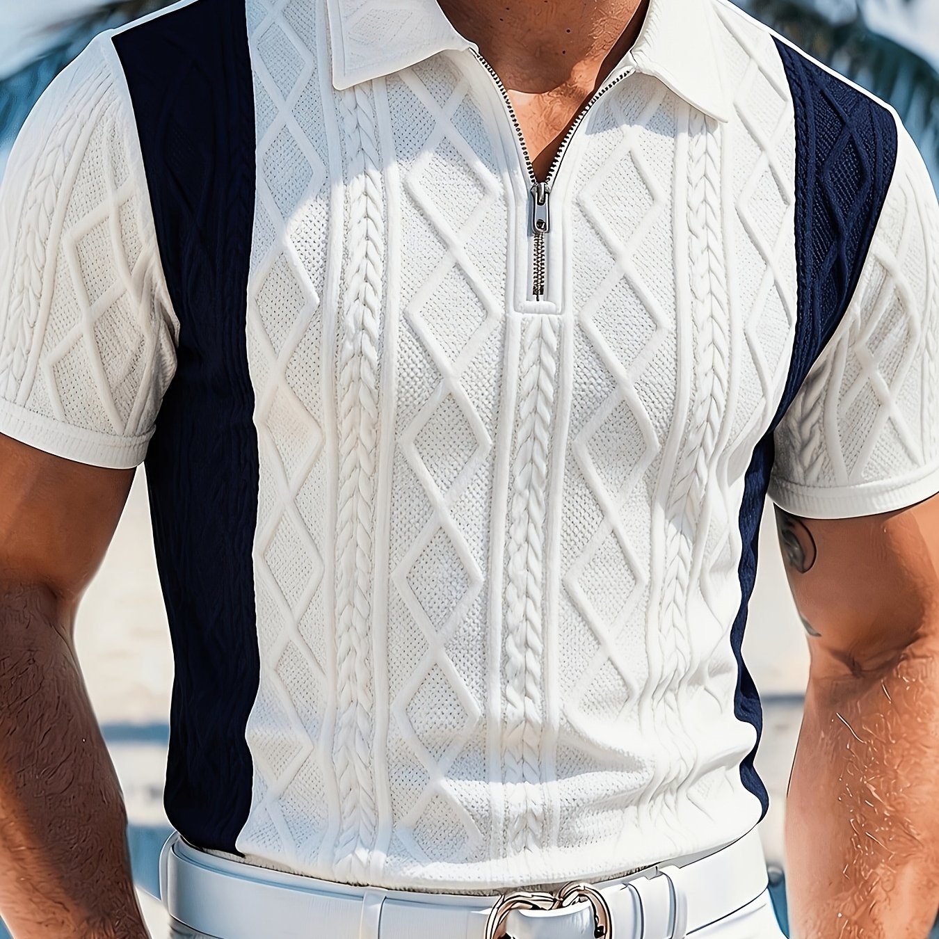 E-shop Herrenmode Herren Oberteil, Frühling Sommer Outdoor Freizeit Strukturierter Stoff Kontrastfarben Patchwork Revers Reißverschluss Kurzarm Herren