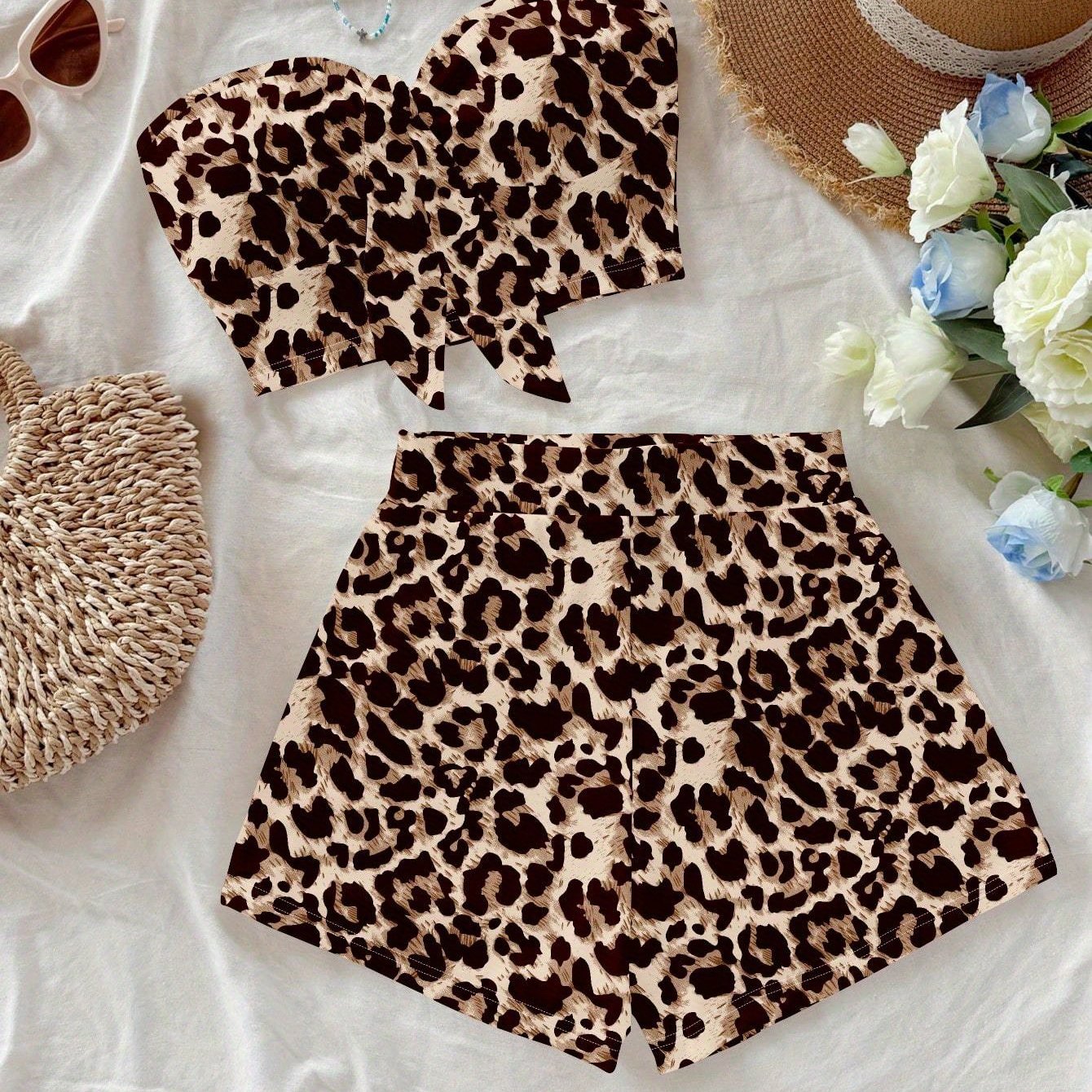 Women's 2pcs Set: Sexy Leopard Print, Retro Style, Casual Vacation Look, Cute Y2k Coconut, Bohemian Vibes For