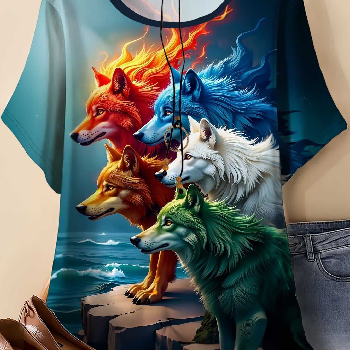 TEMU Plus-size Women's Crewneck Casual Short-sleeve T-shirt Featuring An Ice-fire Multicolor Wolf Print Design. The Gradient Base With Flame Elements