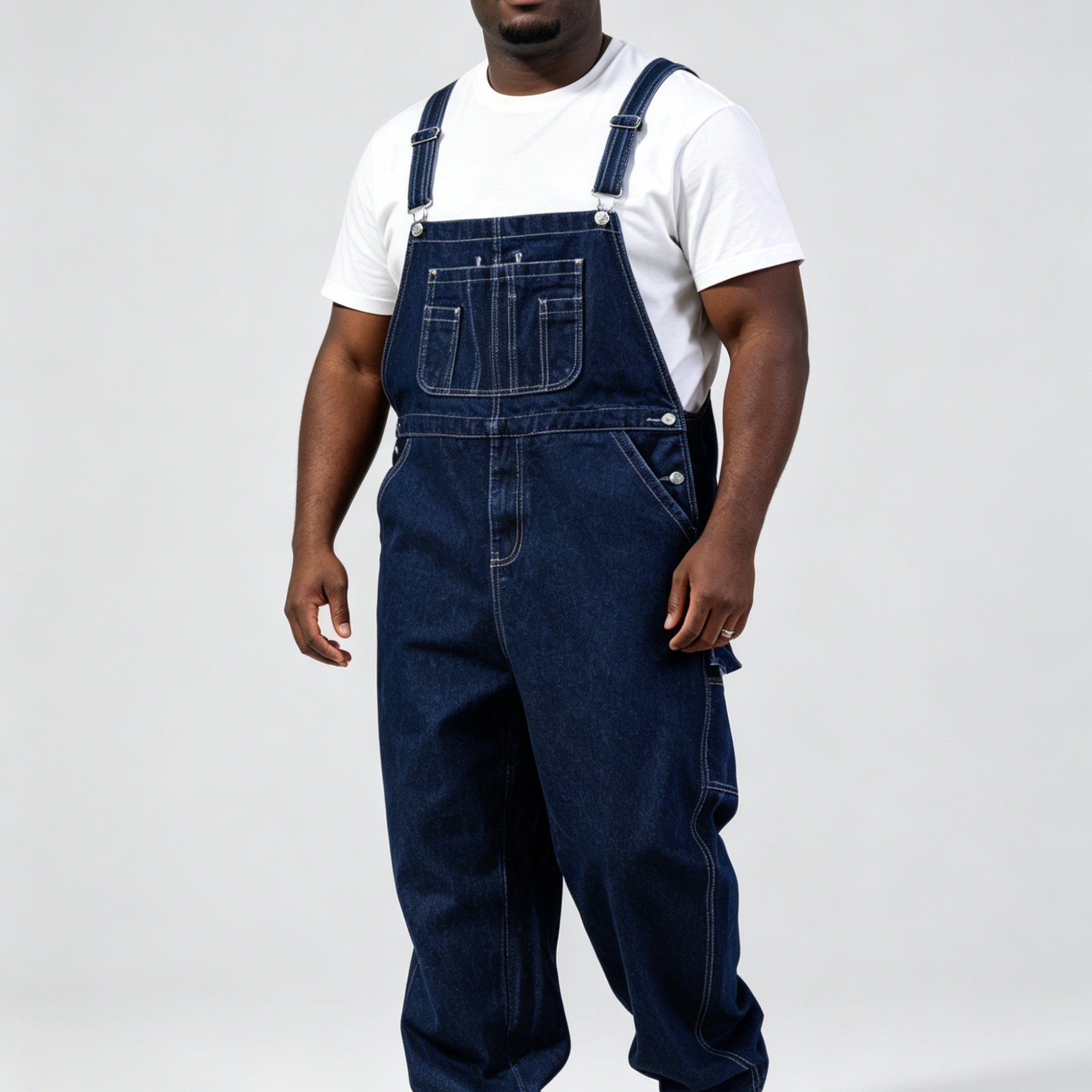 TEMU [allsro] Men's Plus Size Oversized Denim Overalls - Amekaji Retro Cargo Pants With Multi-, Beltless Straight , Machine Washable Dark Blue