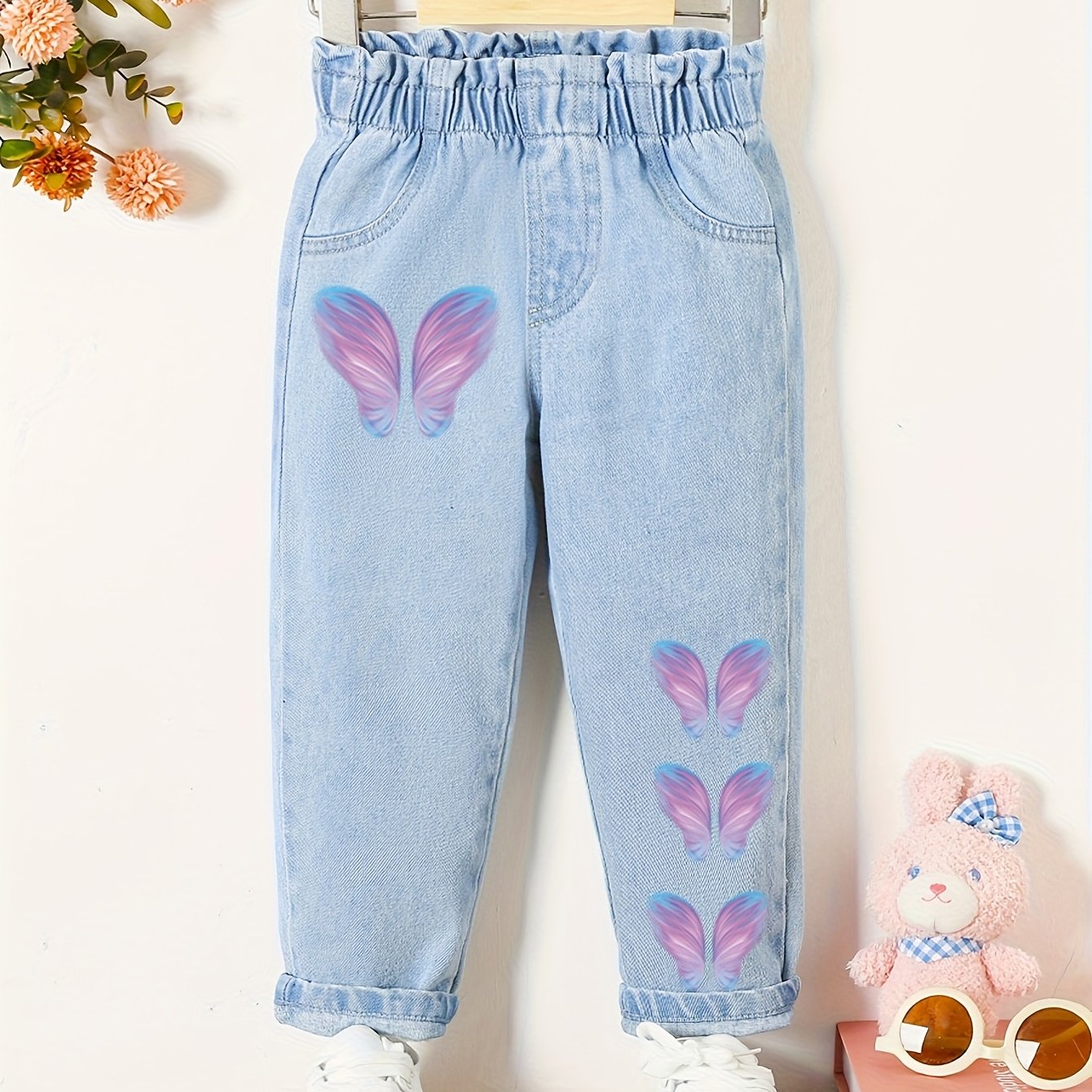 Image of Girl's Jeans, Little Girls' Tapered Fit Denim Pants, Fashionable Loose Fit With Waistband And Print, Girl's Denim Long Pants For Spring And Autumn